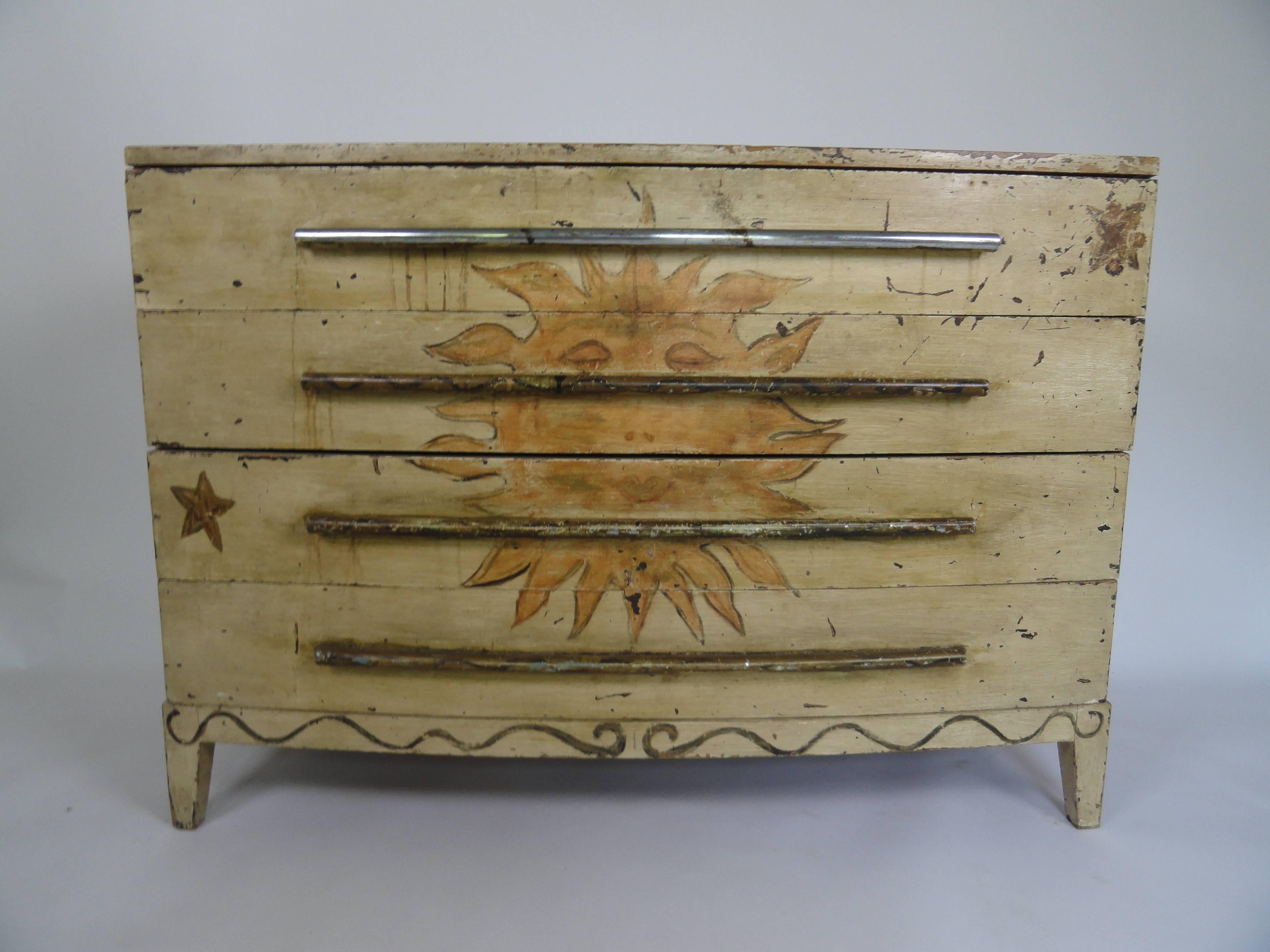 Very fine example of American Folk Art from the 1940s. Four-drawer chest with hand-painted sunburst and stars on front and both sides. Original hardware. Naturally worn finish which only adds to the personality of the piece.
Chest has been praised