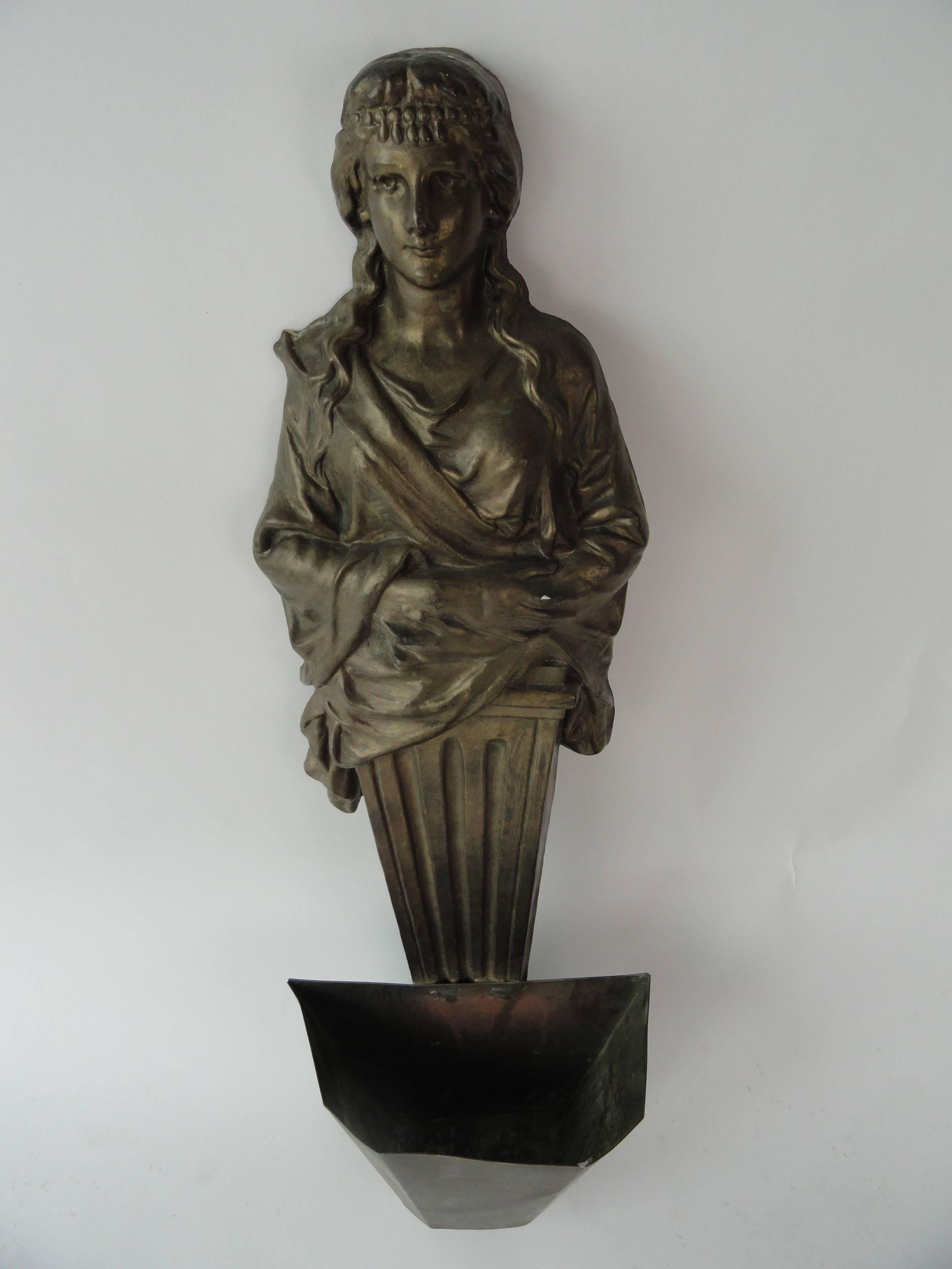 Pressed tin female figure neoclassical style French wall planter, 20th century.