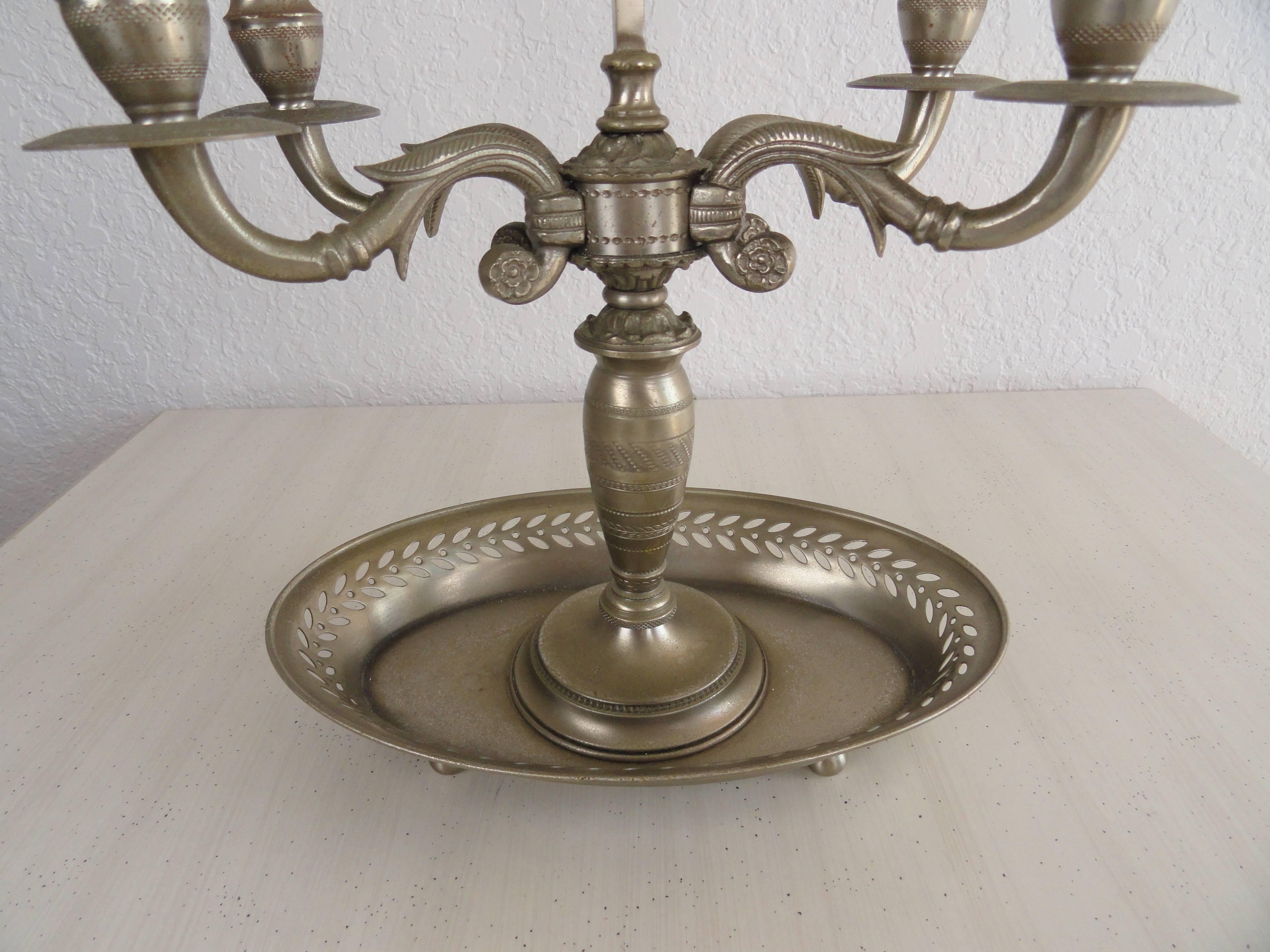 Neoclassical-style pewter French bouillotte four-light lamp with adjustable metal shade. Newly wired.