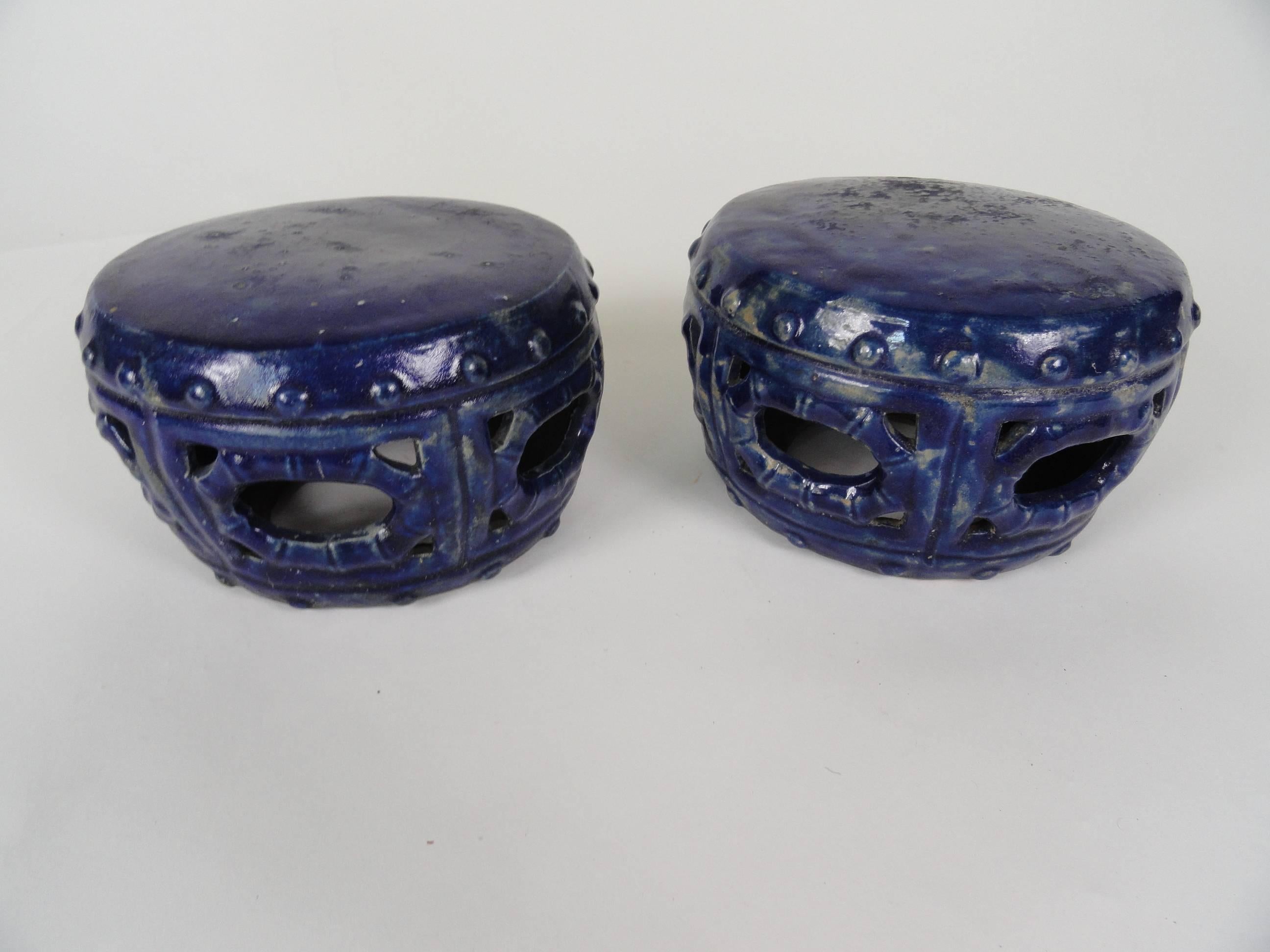 Pair of 19th century blue decorative small garden seats, measure 5