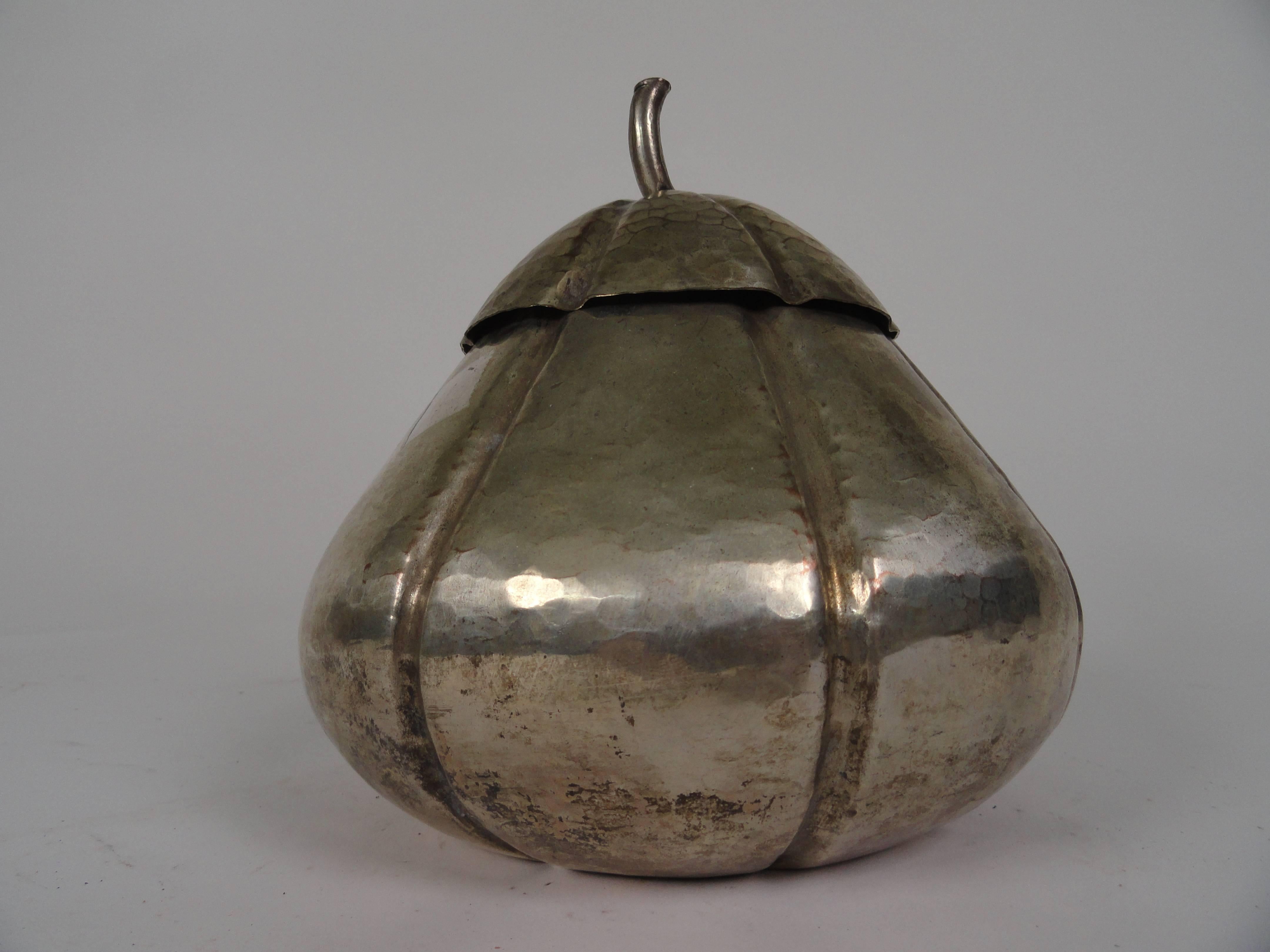 Silver plated on copper Italian gourd box, hammered copper with silver plating.  Whimsical style and naturalistic influence.  Removable top has a stem.