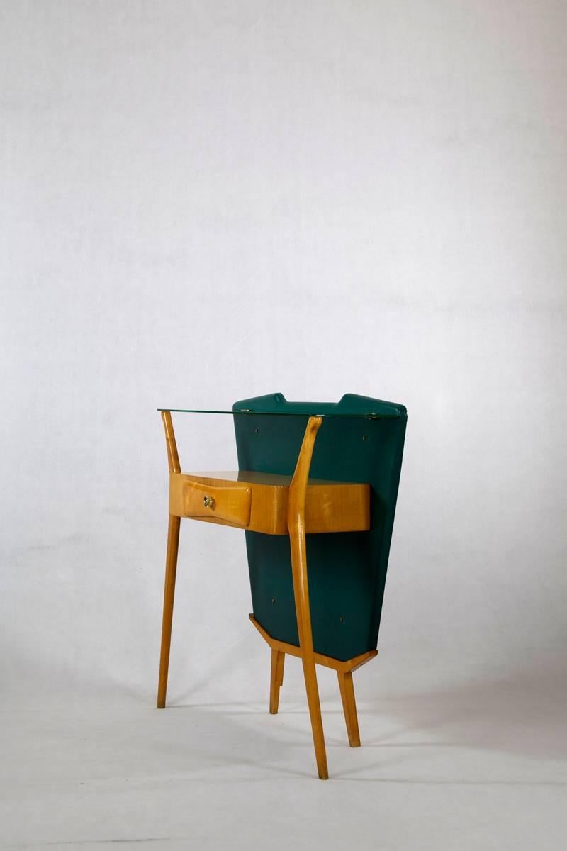 Italian Wooden and Green Console with Fitting Stool, in the Manner of Ico Parisi In Good Condition For Sale In Wolfurt, AT