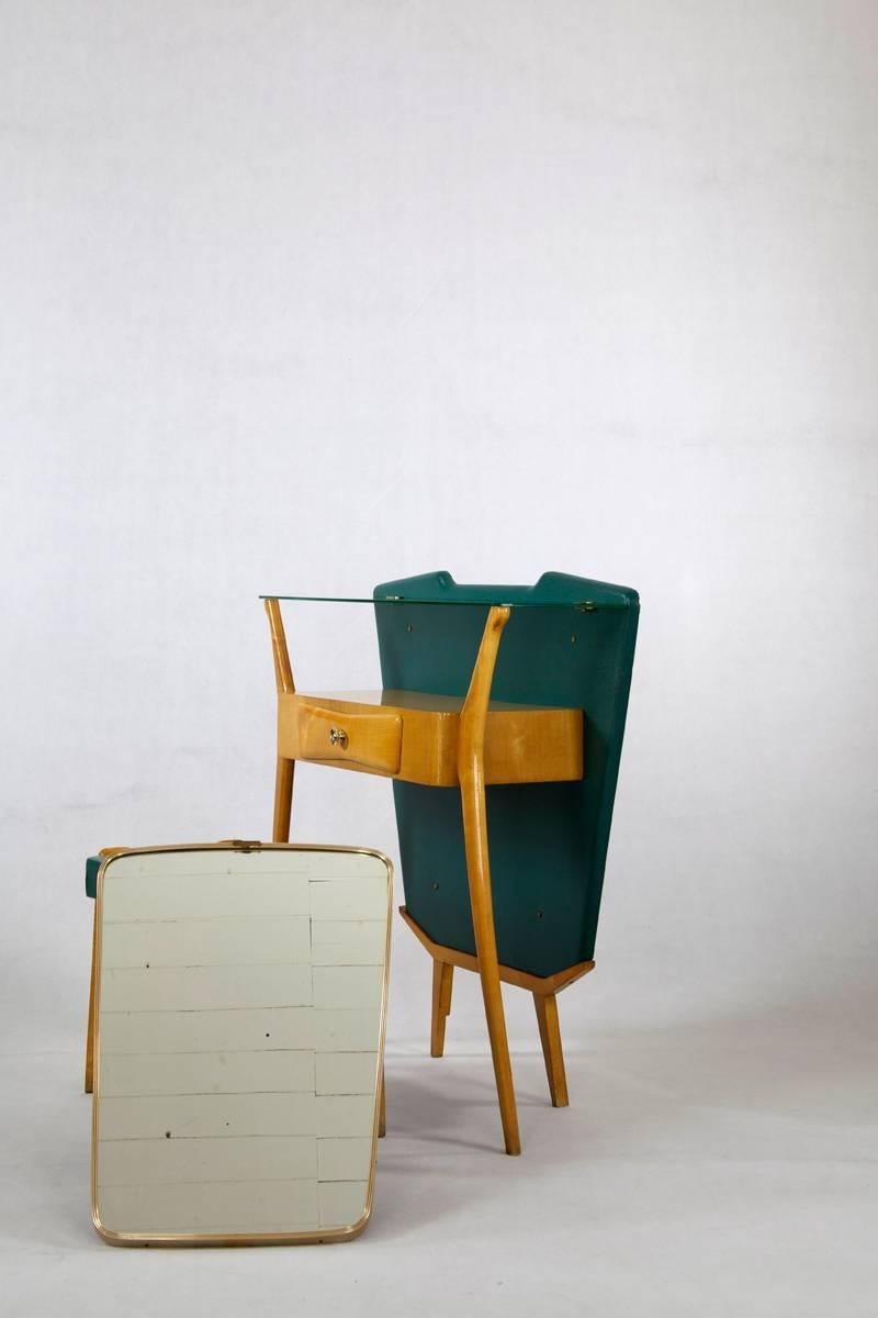 Italian Wooden and Green Console with Fitting Stool, in the Manner of Ico Parisi For Sale 1