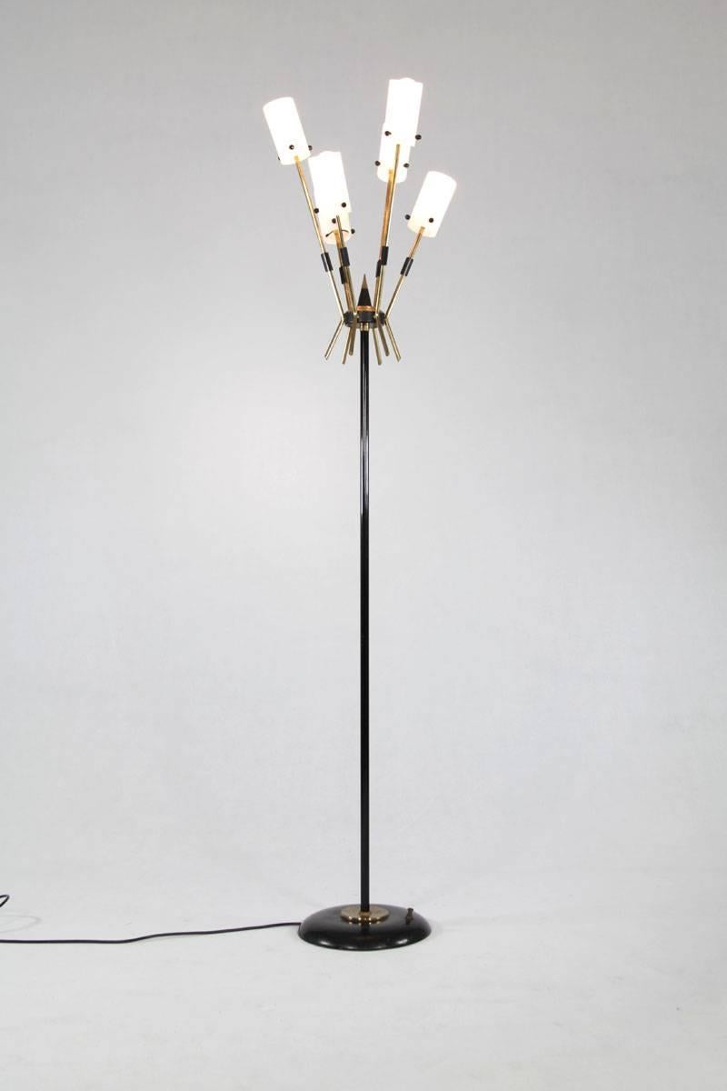 Mid-20th Century Italian Floor Lamp with Five Opaline Glass Lights, 1950s