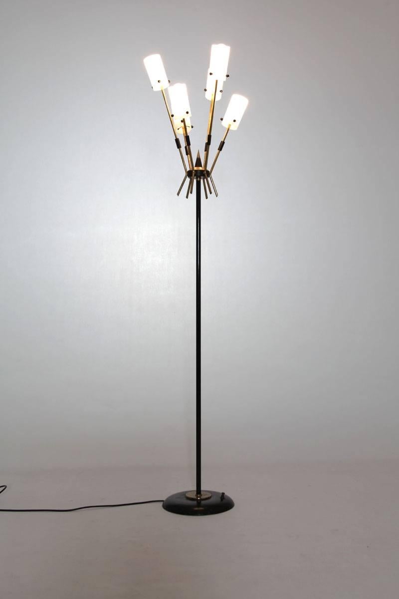 Brass Italian Floor Lamp with Five Opaline Glass Lights, 1950s