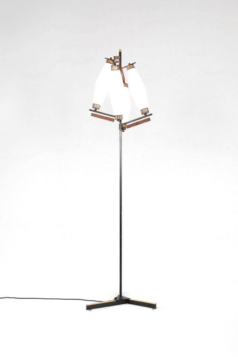 Italian Floor Lamp with Four Opaline Glass Lights and Brass Details, 1950s For Sale 2