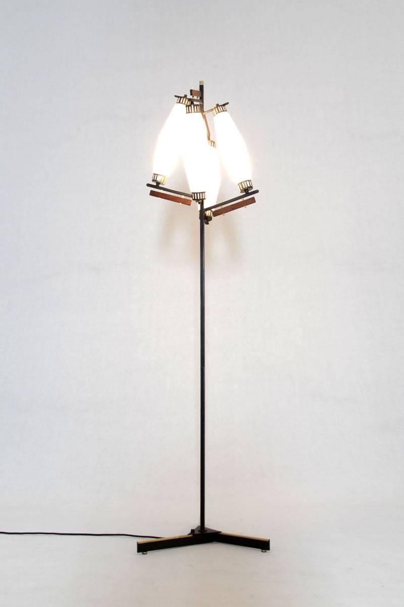 Mid-Century Modern Italian Floor Lamp with Four Opaline Glass Lights and Brass Details, 1950s For Sale