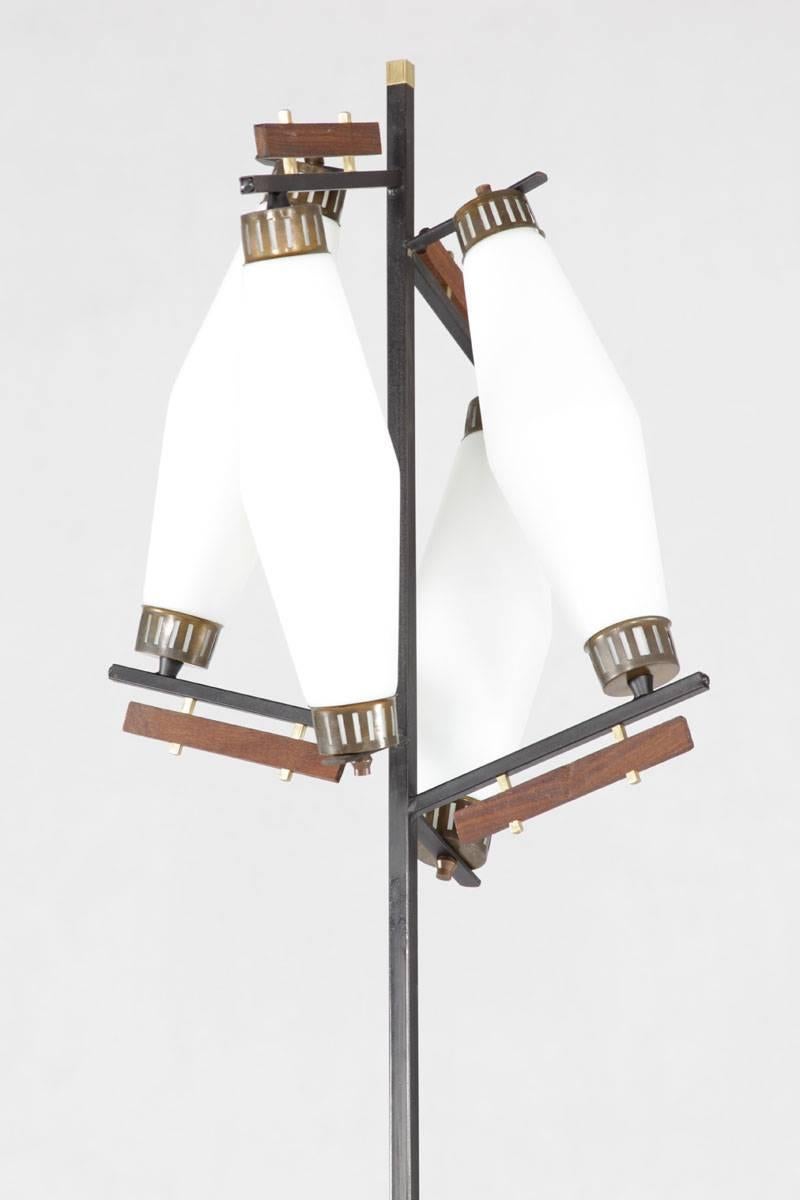 Mid-20th Century Italian Floor Lamp with Four Opaline Glass Lights and Brass Details, 1950s For Sale