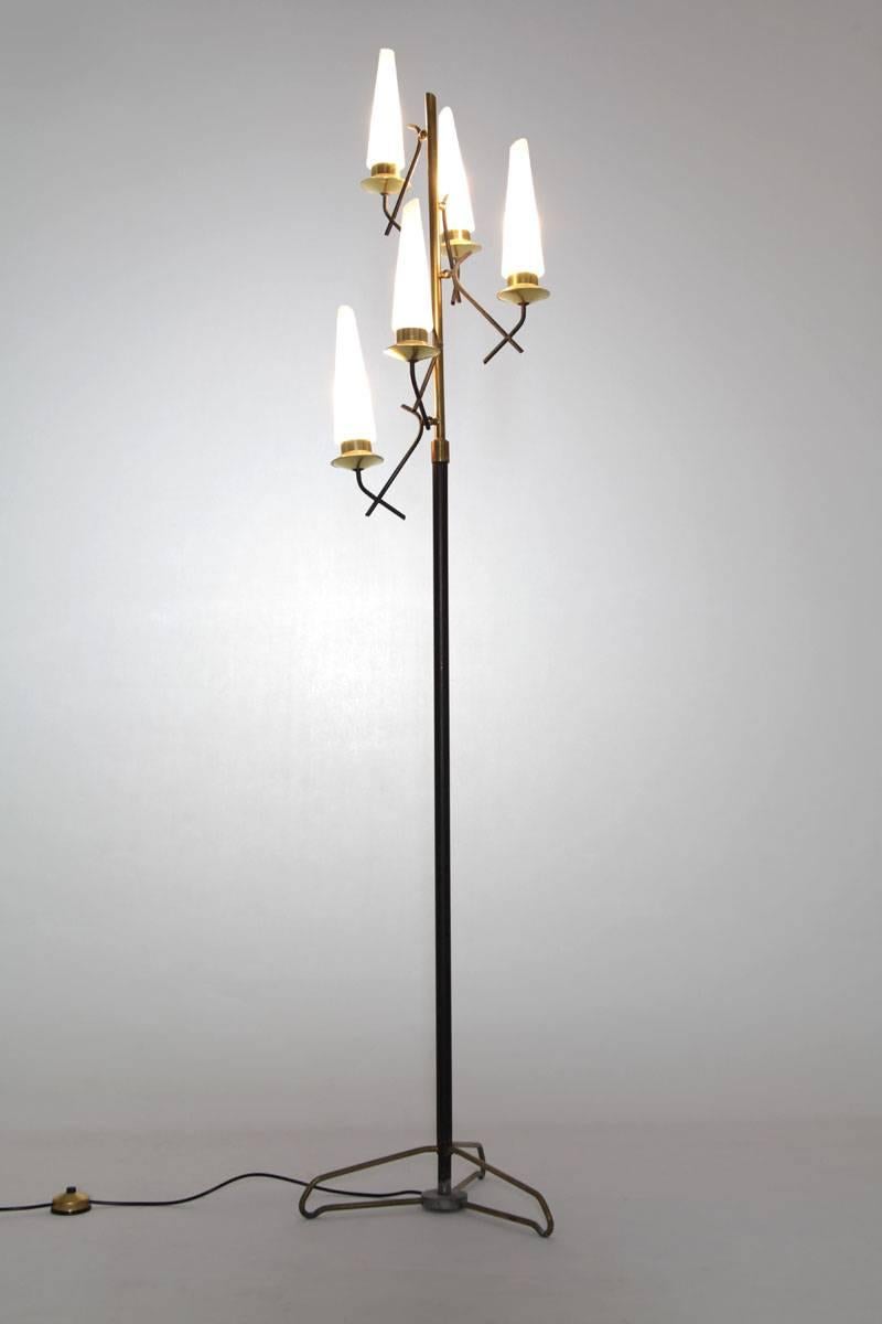 Milieu du XXe siècle Lampadaire italien laqué noir avec cinq Lights en verre opalin, années 1950 en vente