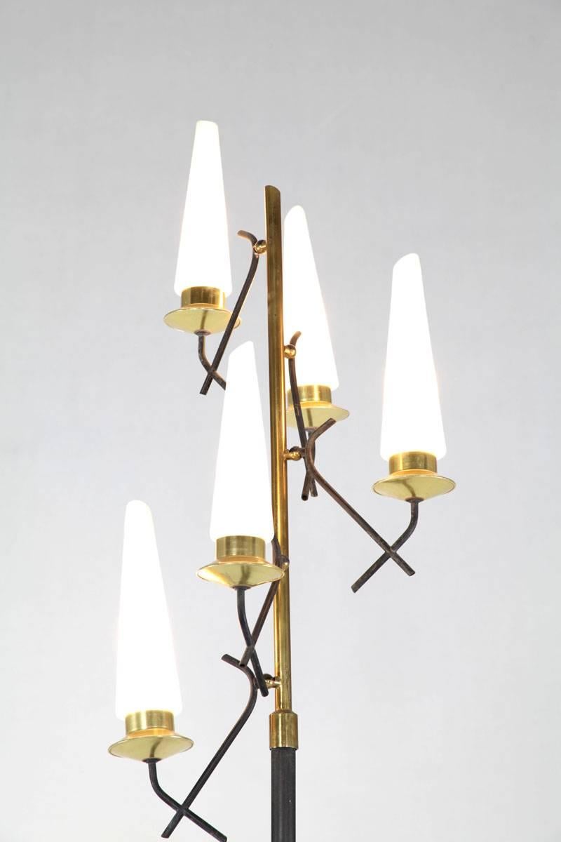 Italian Black Lacquered Floor Lamp with Five Opaline Glass Lights, 1950s For Sale 2