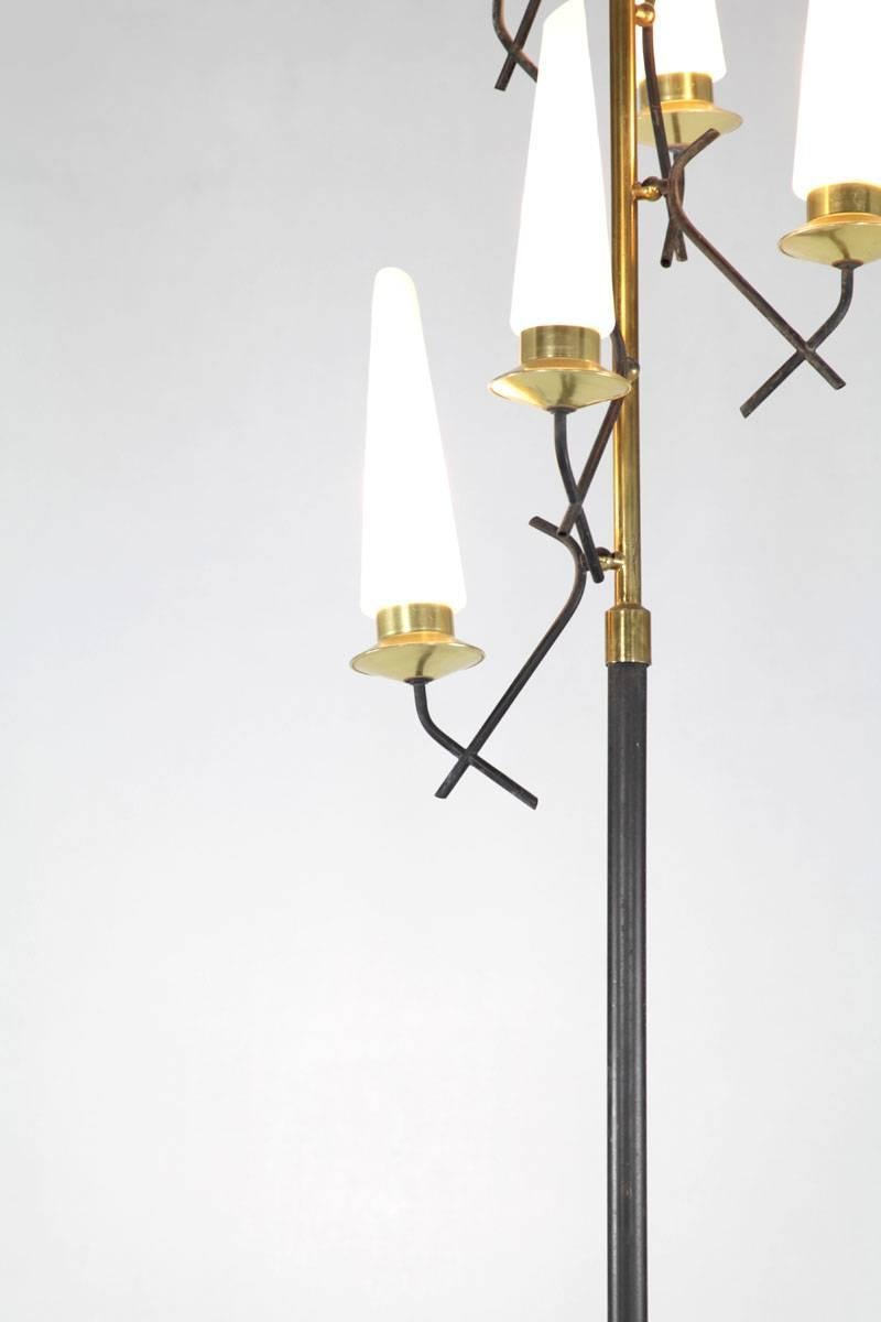 Italian Black Lacquered Floor Lamp with Five Opaline Glass Lights, 1950s For Sale 1