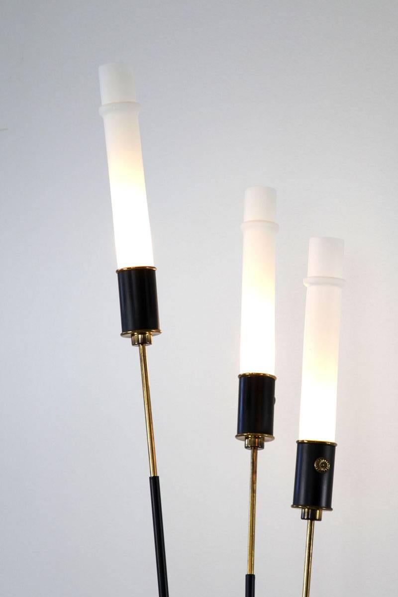 Mid-20th Century Stilnovo Italian Floor Lamp with Three Slim Opaline Glasstubes, 1950s For Sale