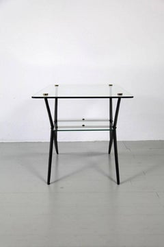 Giuseppe Ostuni Italian Black Lacquered Iron Glass Side Table with brass, 1950s