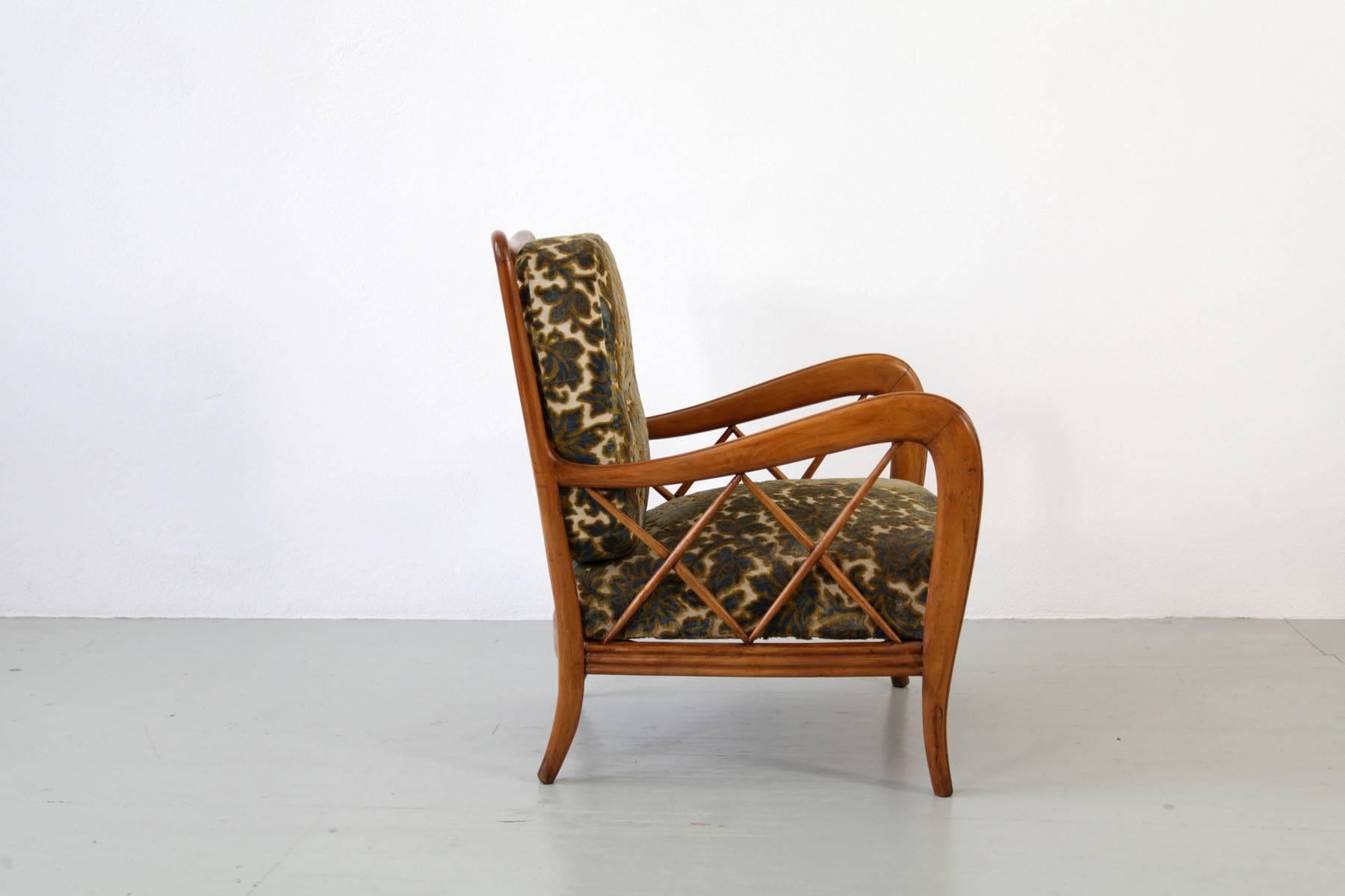 Mid-20th Century Paolo Buffa Italian Pair of Wooden Armchairs with floral patterned Fabric, 1940s