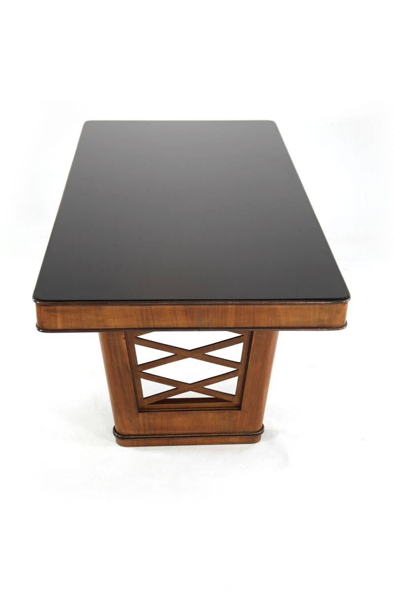 Blackened Italian Wooden Art Deco Dining Table with Black Glass Tabletop