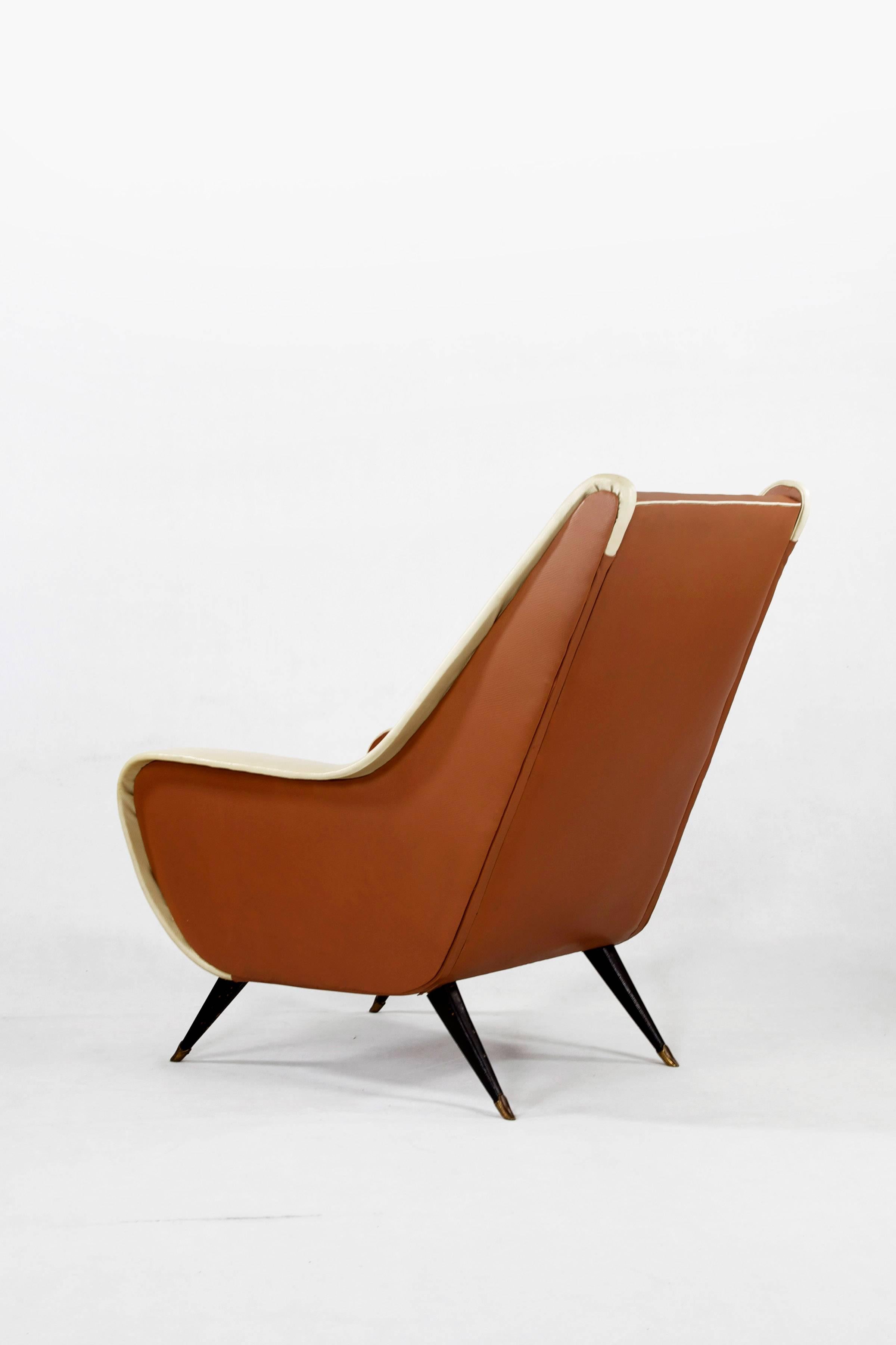 Mid-Century Modern Italian Chair in Two-Tone Look of Brown and Beige Faux Leather, 1950