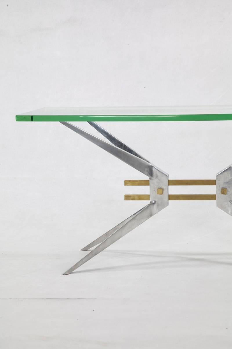 Italian Sofa Table with Aluminum Base and Glass top, 1960s In Good Condition For Sale In Wolfurt, AT