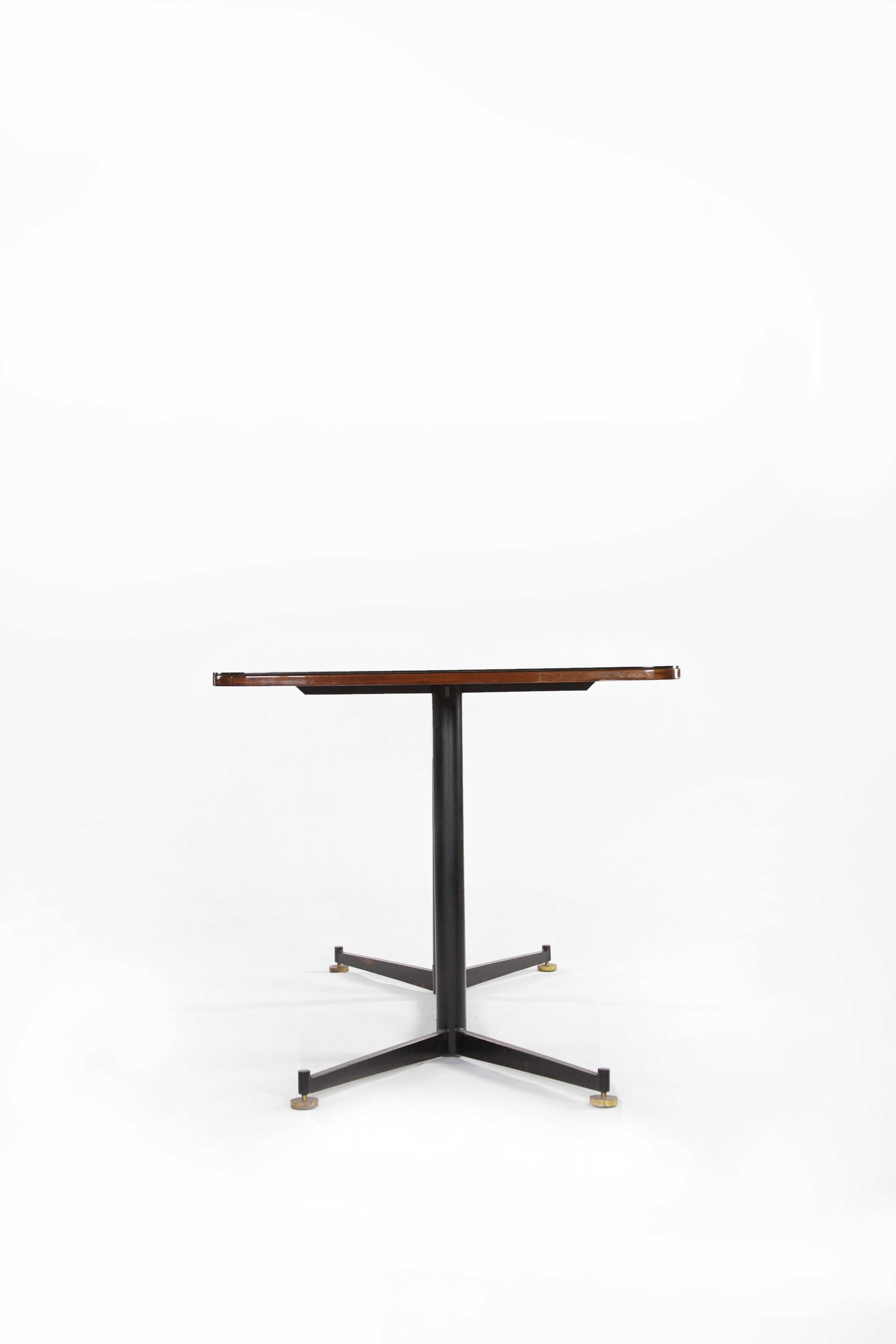 Mid-Century Modern Italian Dining Rosewood Table with Black Steel Legs and Glass Top, 1950s