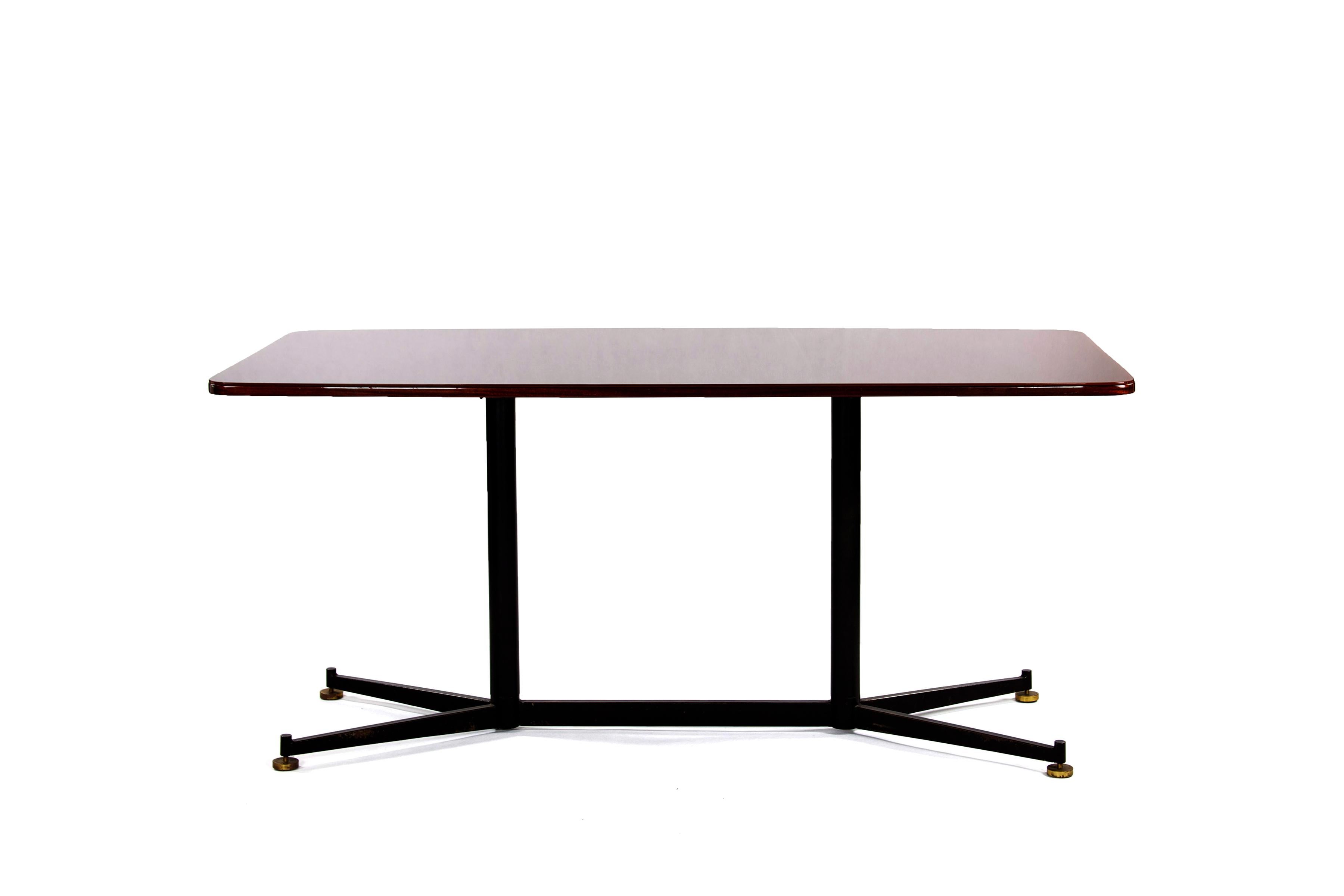 Mid-20th Century Italian Dining Rosewood Table with Black Steel Legs and Glass Top, 1950s