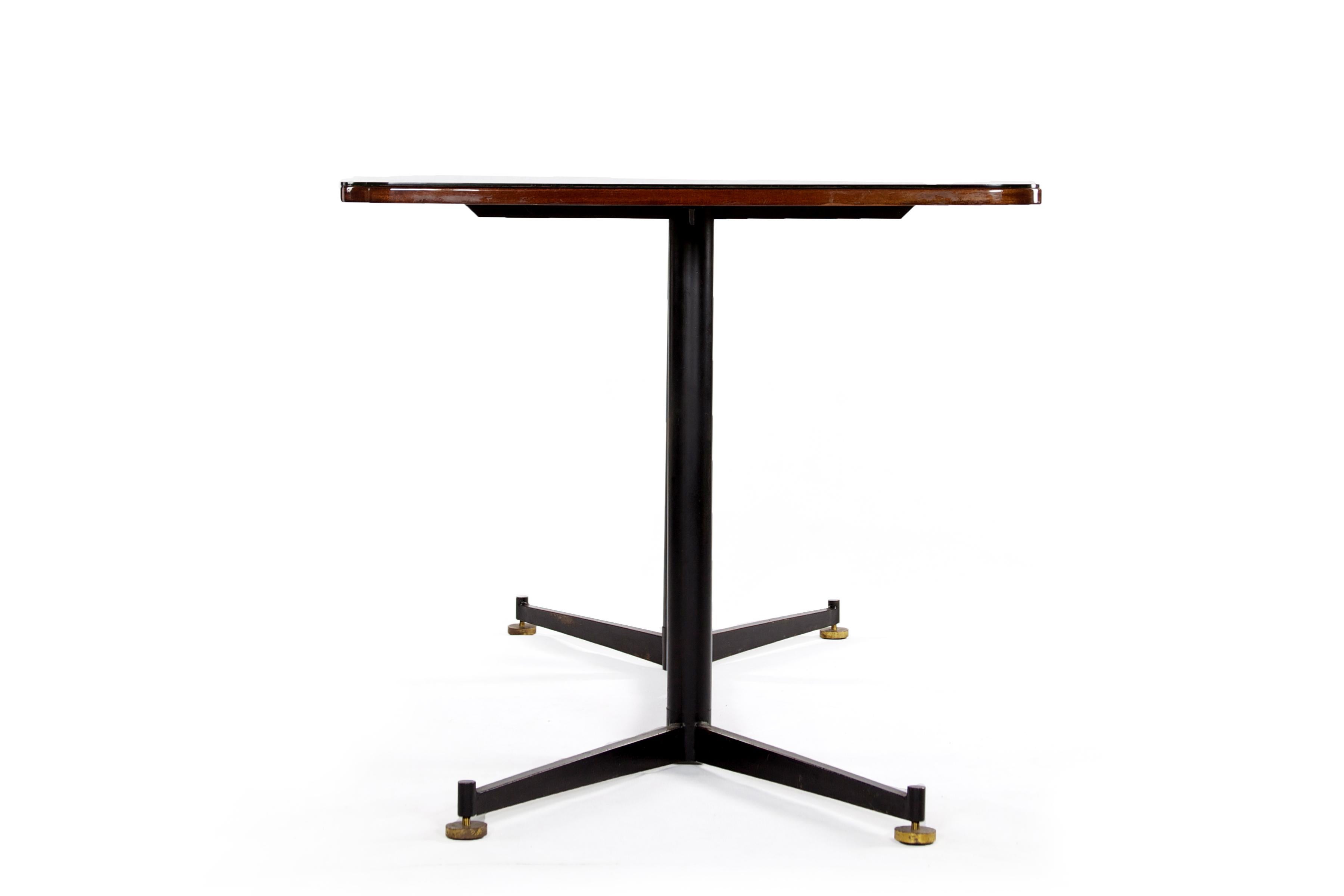 Italian Dining Rosewood Table with Black Steel Legs and Glass Top, 1950s 1