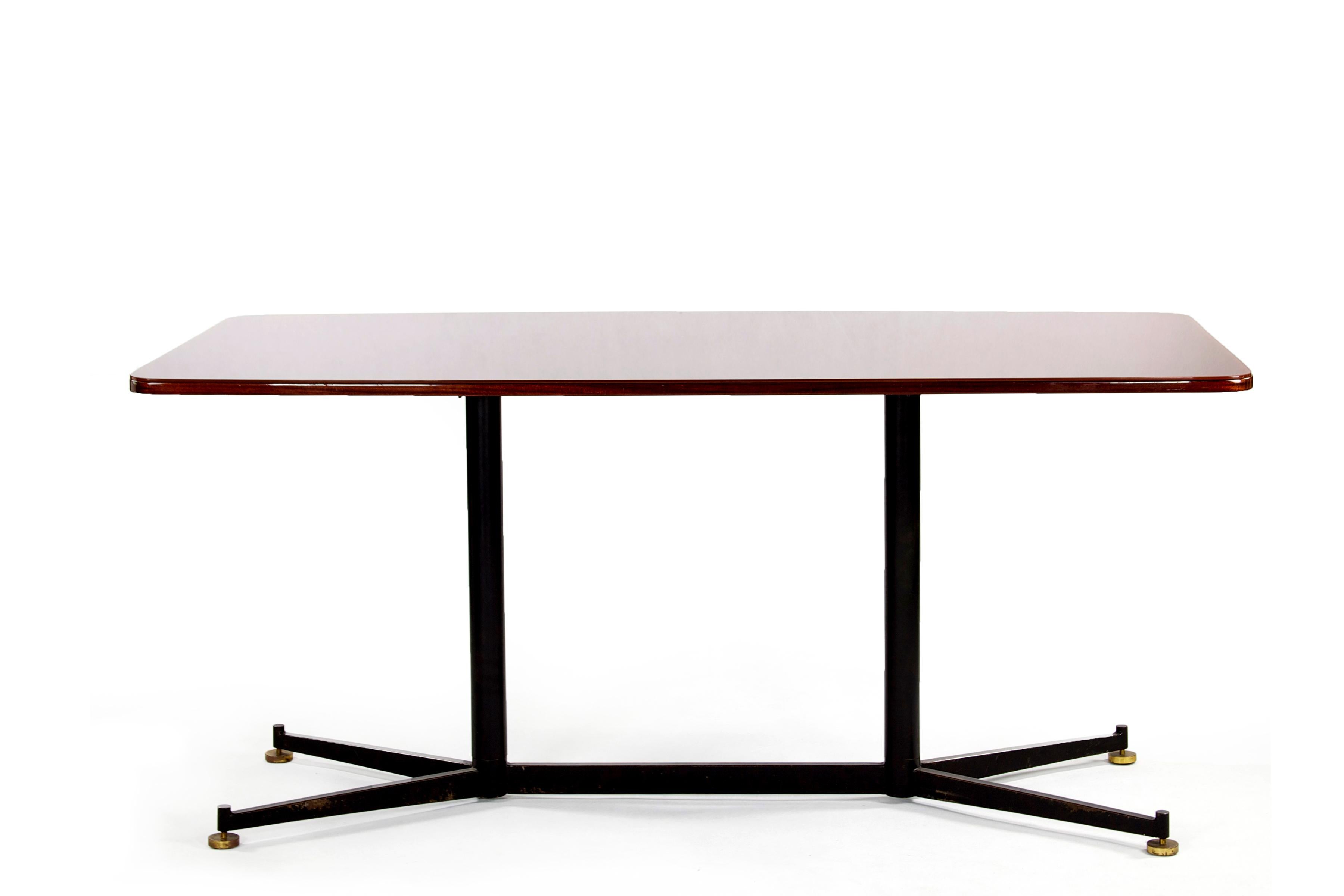 Italian Dining Rosewood Table with Black Steel Legs and Glass Top, 1950s 4
