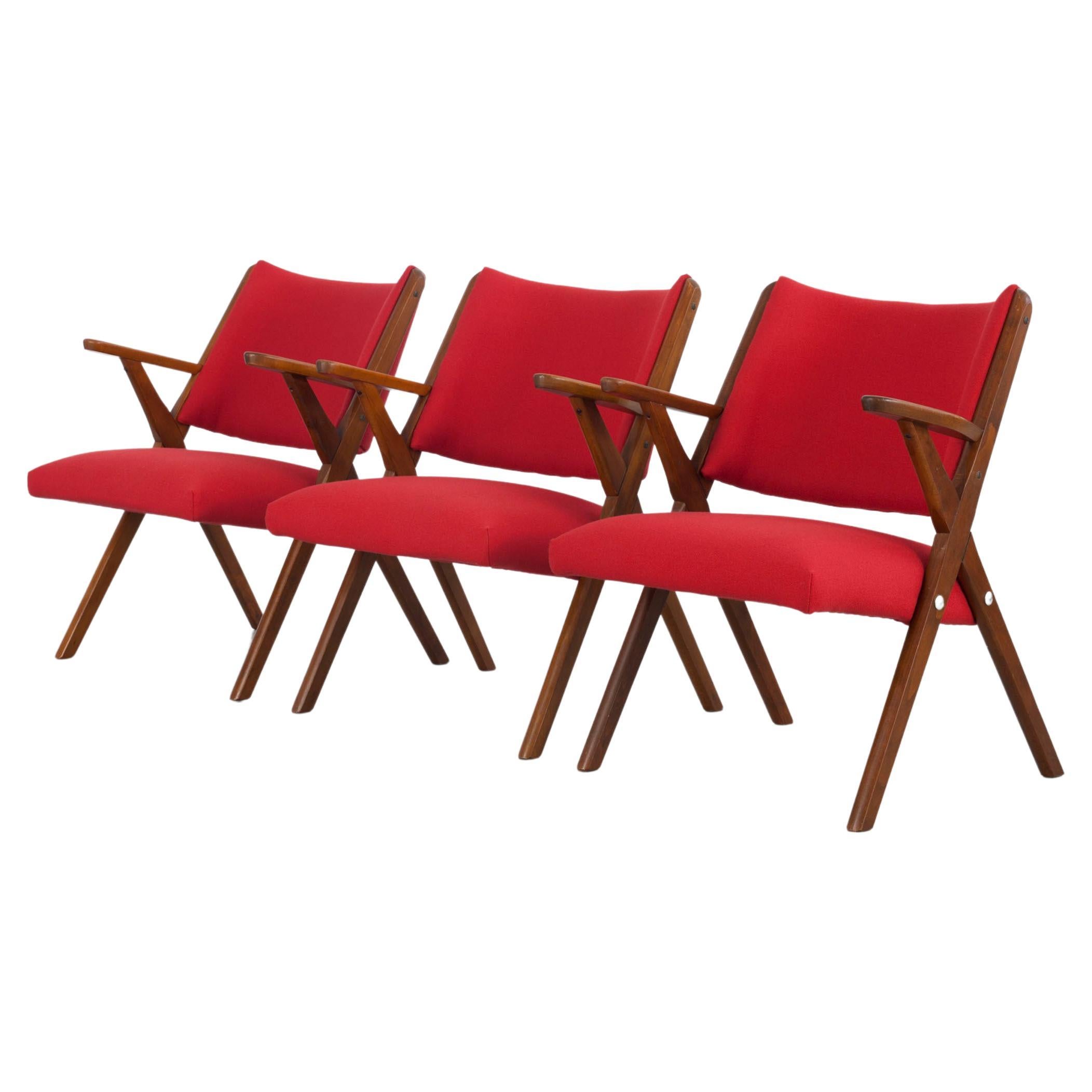 Set of 3 red Italian Vintage Dal Vera Chairs, Italy, 1960s