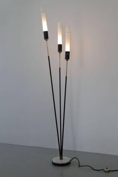 Stilnovo Italian Floor Lamp with Three Slim Opaline Glasstubes, 1950s