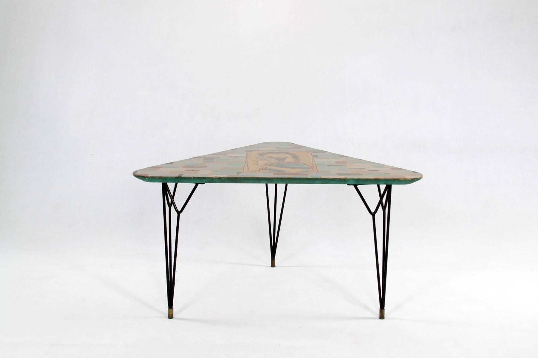 Hand-painted triangular Italian coffee table from 1950s