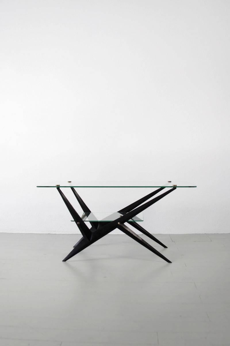 Mid-20th Century Giuseppe Ostuni Italian Black Lacquered Iron Glass Side Table with brass, 1950s