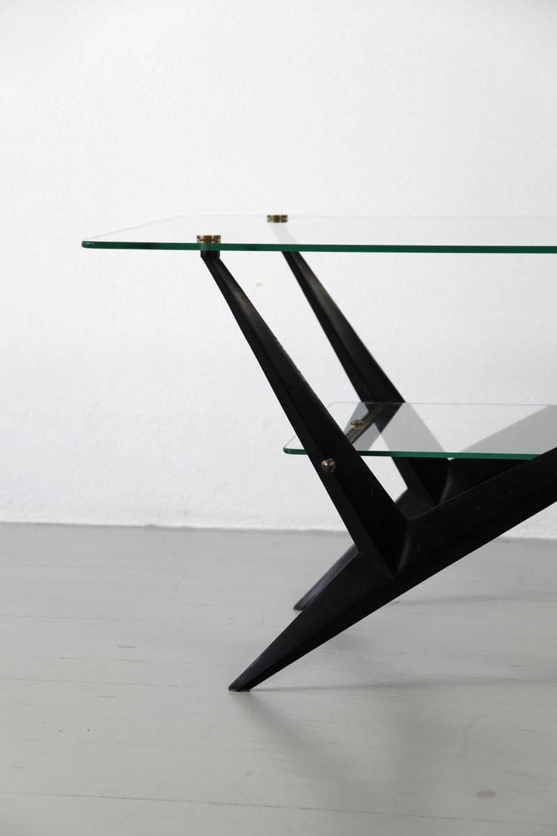 Giuseppe Ostuni Italian Black Lacquered Iron Glass Side Table with brass, 1950s 1