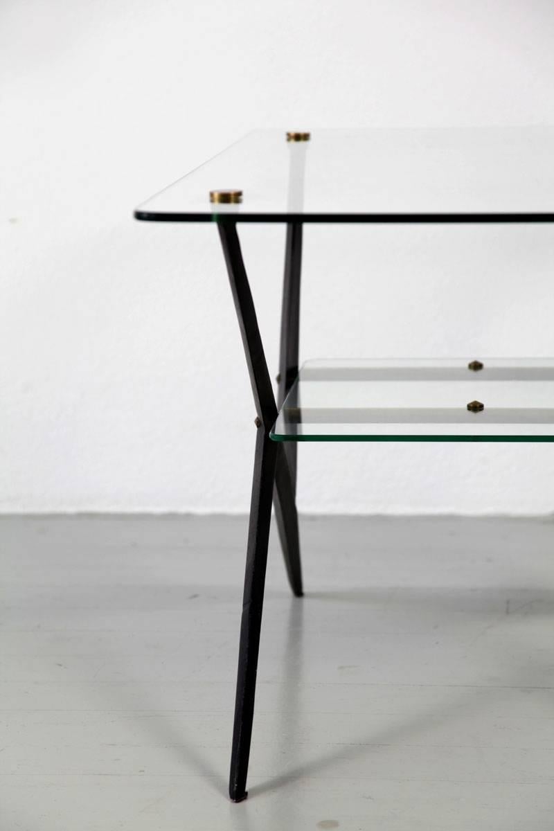 Giuseppe Ostuni Italian Black Lacquered Iron Glass Side Table with brass, 1950s 4