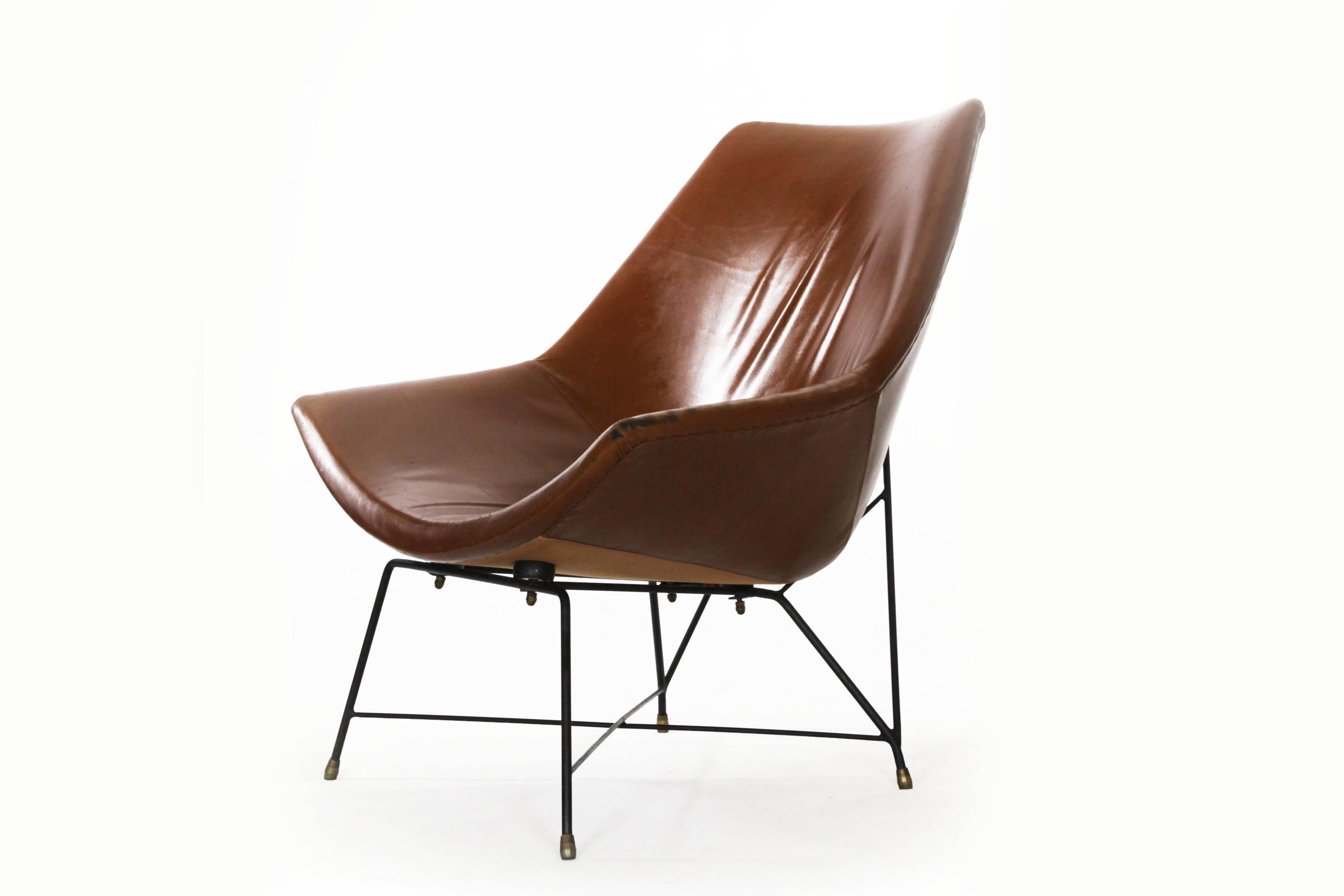 Brass Italian Brown Leather Kosmos Chair Design by Augusto Bozzi for Saporiti, 1954 For Sale