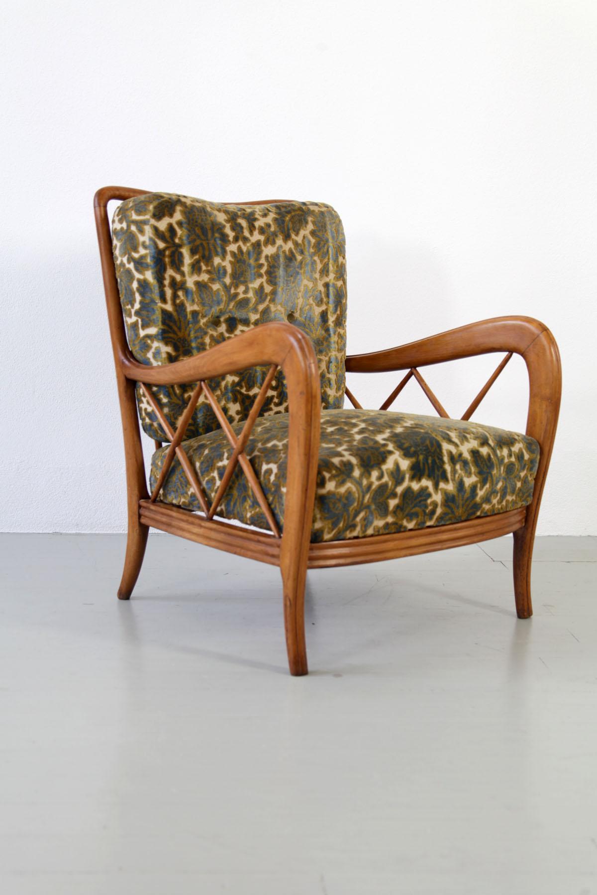 Paolo Buffa Italian Pair of Wooden Armchairs with floral patterned Fabric, 1940s 6