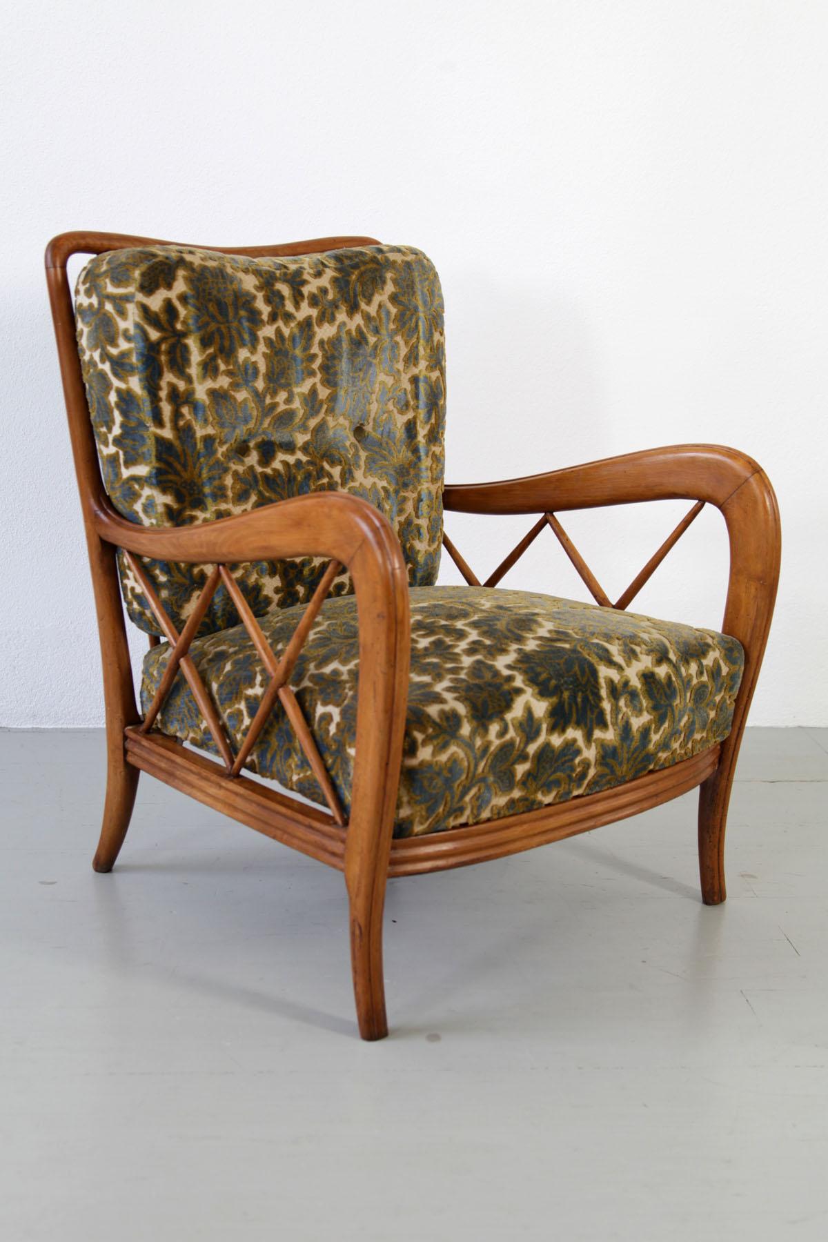 Paolo Buffa Italian Pair of Wooden Armchairs with floral patterned Fabric, 1940s 7