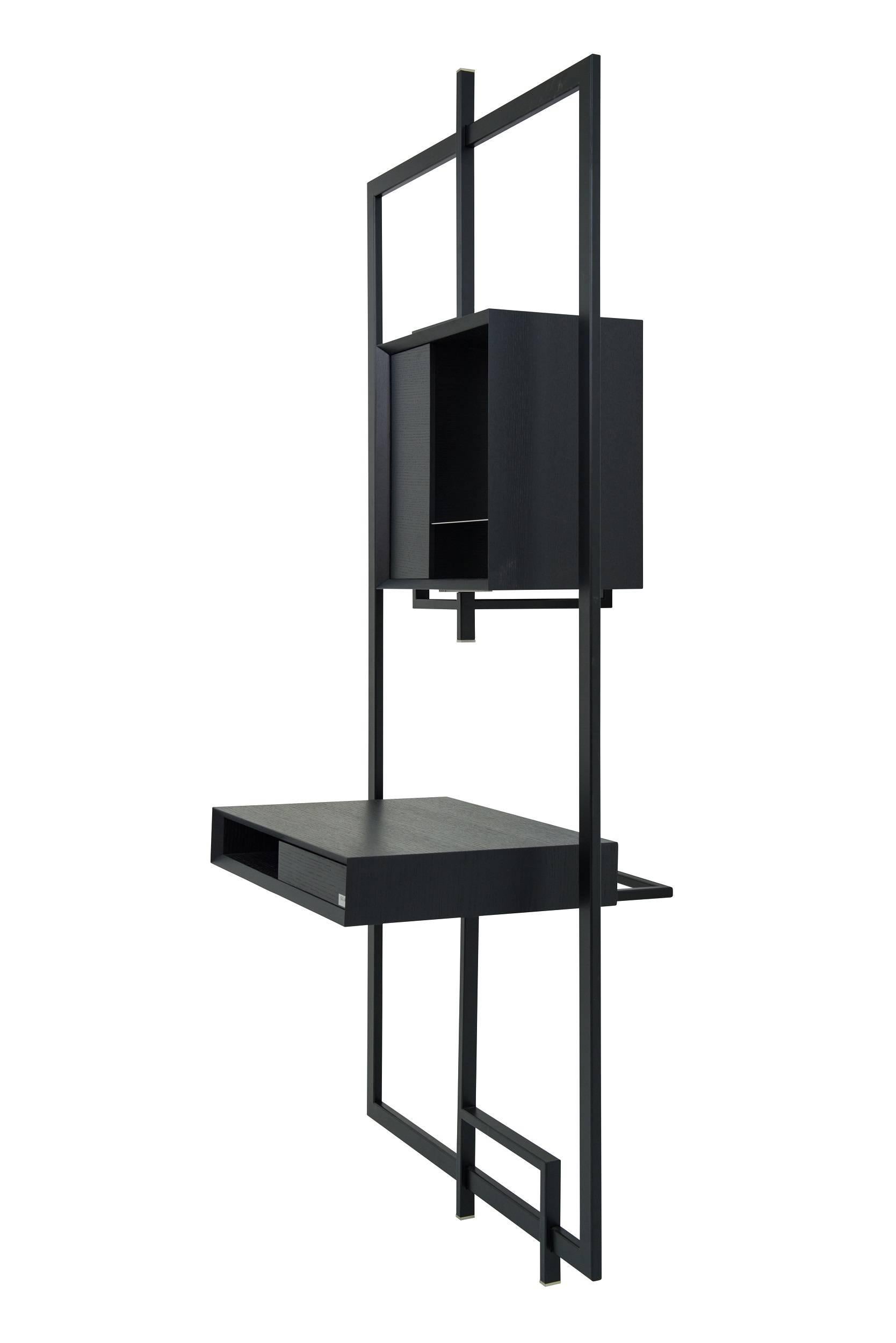 COM:POS:ITION 0.9
A Minimalist constructivistically composition from cubic elements in a frame.
Asymmetric arranged but visual in balance.This bureau seems to be a graphic painting. A floating graphic sculpture in space.
Corpuses: Black stained oak