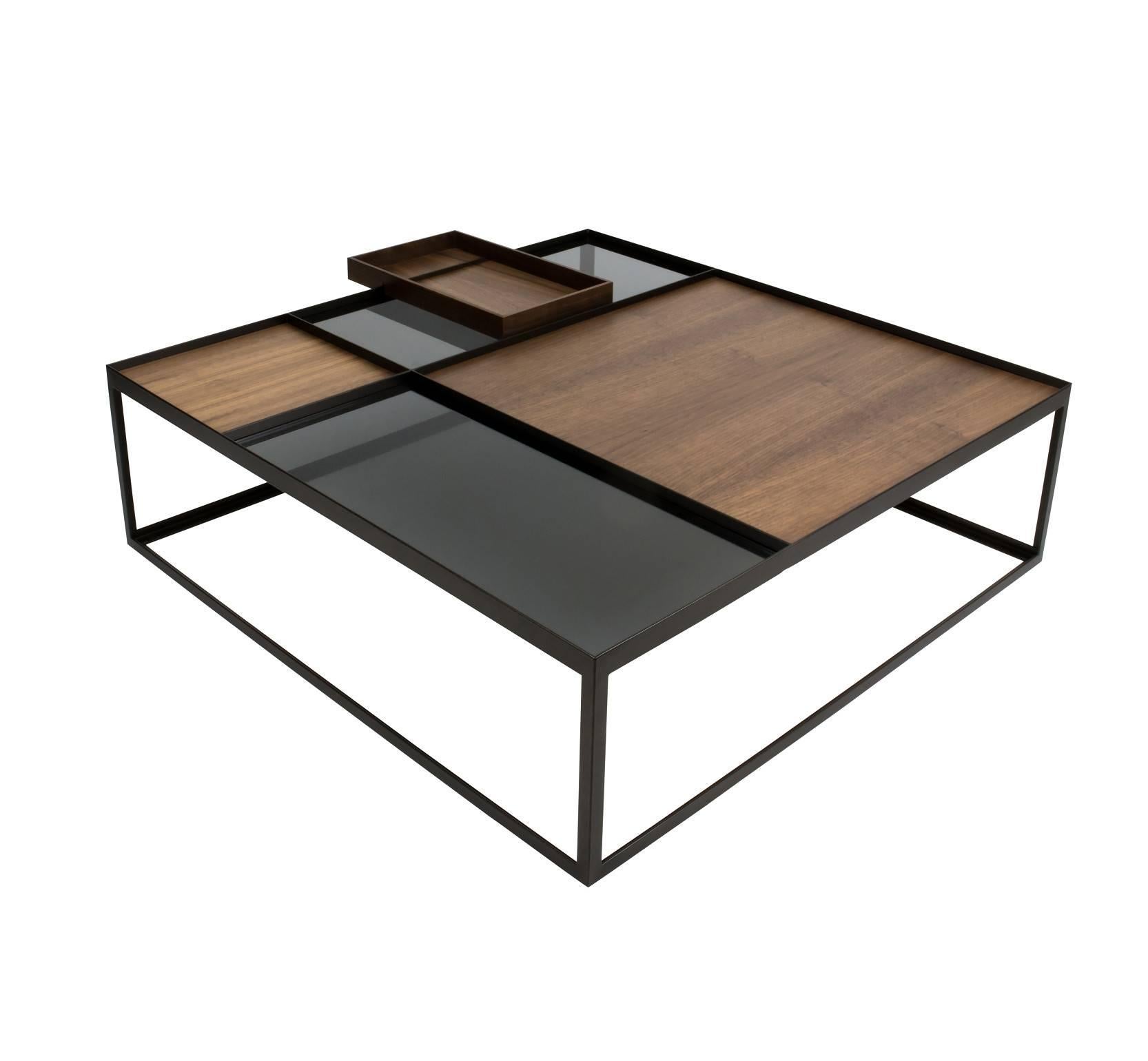 Powder-Coated Coffee Table Q4 Bronze Walnut Glass Contemporary  Handcrafted Customizable   For Sale