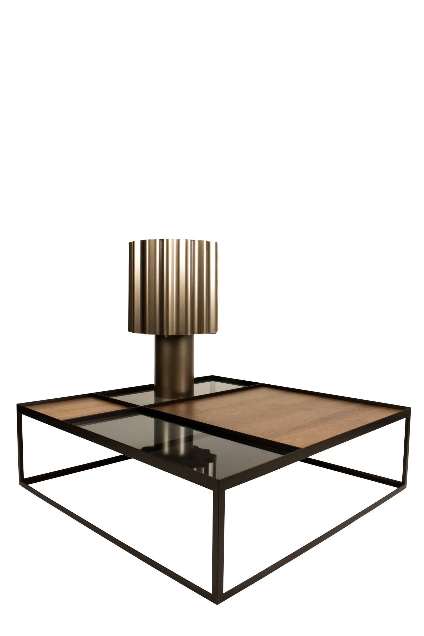 Metal Coffee Table Q4 Bronze Walnut Glass Contemporary  Handcrafted Customizable   For Sale