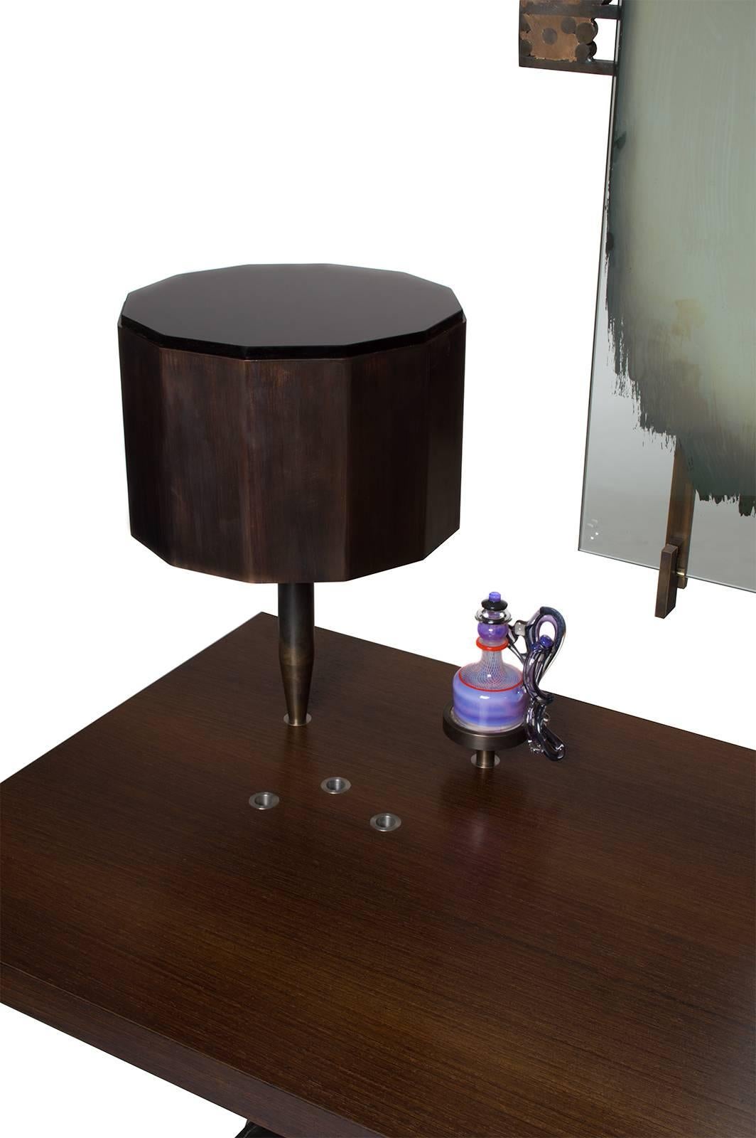 Modern Datum Vanity, Leather Upholstered Chair, Mirror & Perfume Bottle Set of Five For Sale