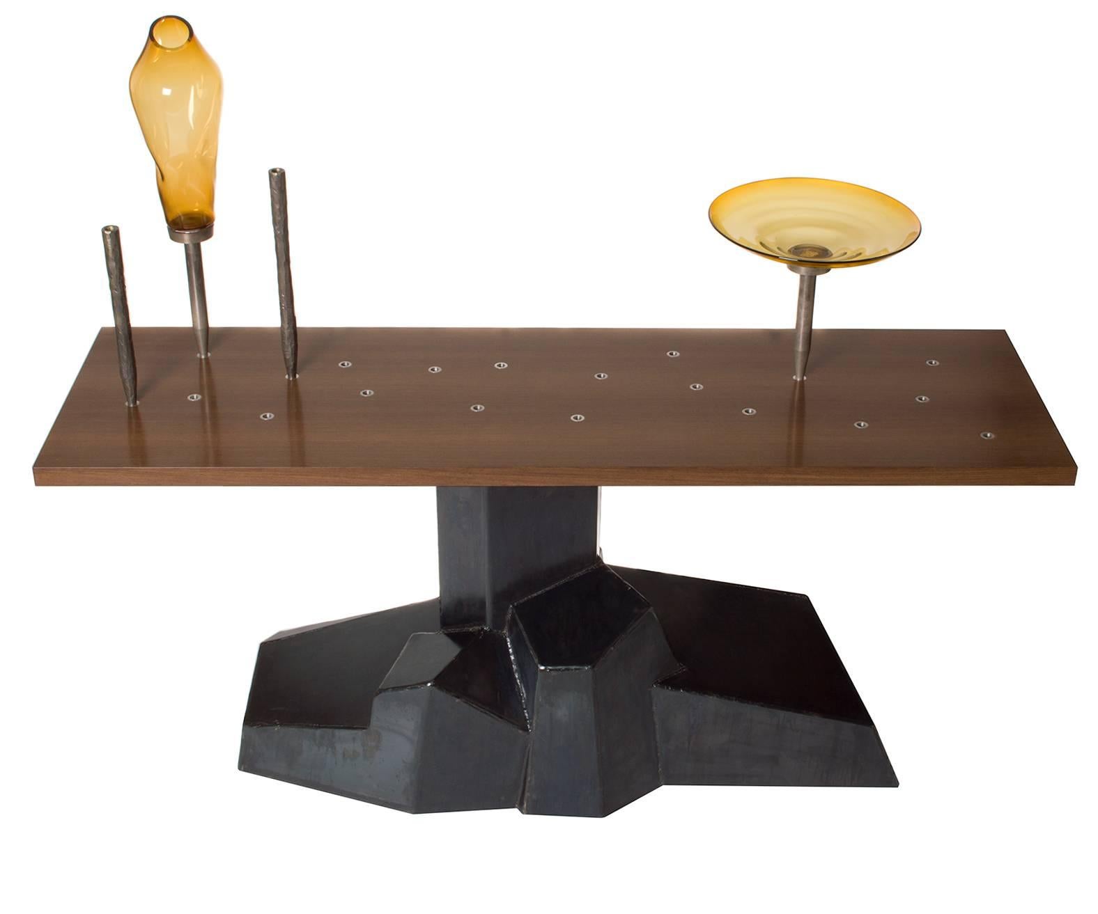 Datum console table in Wenge and patinated steel with carved brass candle sticks
All of the works from my Datum series have stainless steel inserts mounted flush to the table top. In this console, there are 21 inserts. These suggest that the viewer