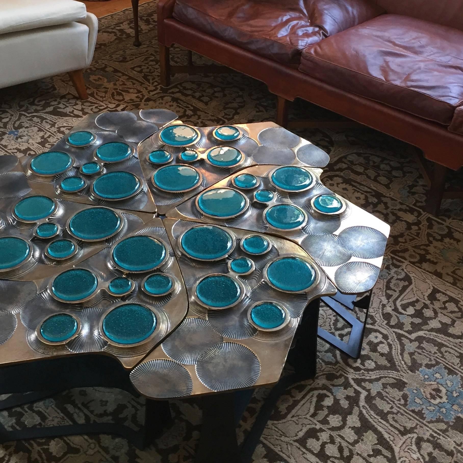 Modern Tiberinus Coffee Table Cast Bronze Cast Glass Insert Steel Tessellation For Sale
