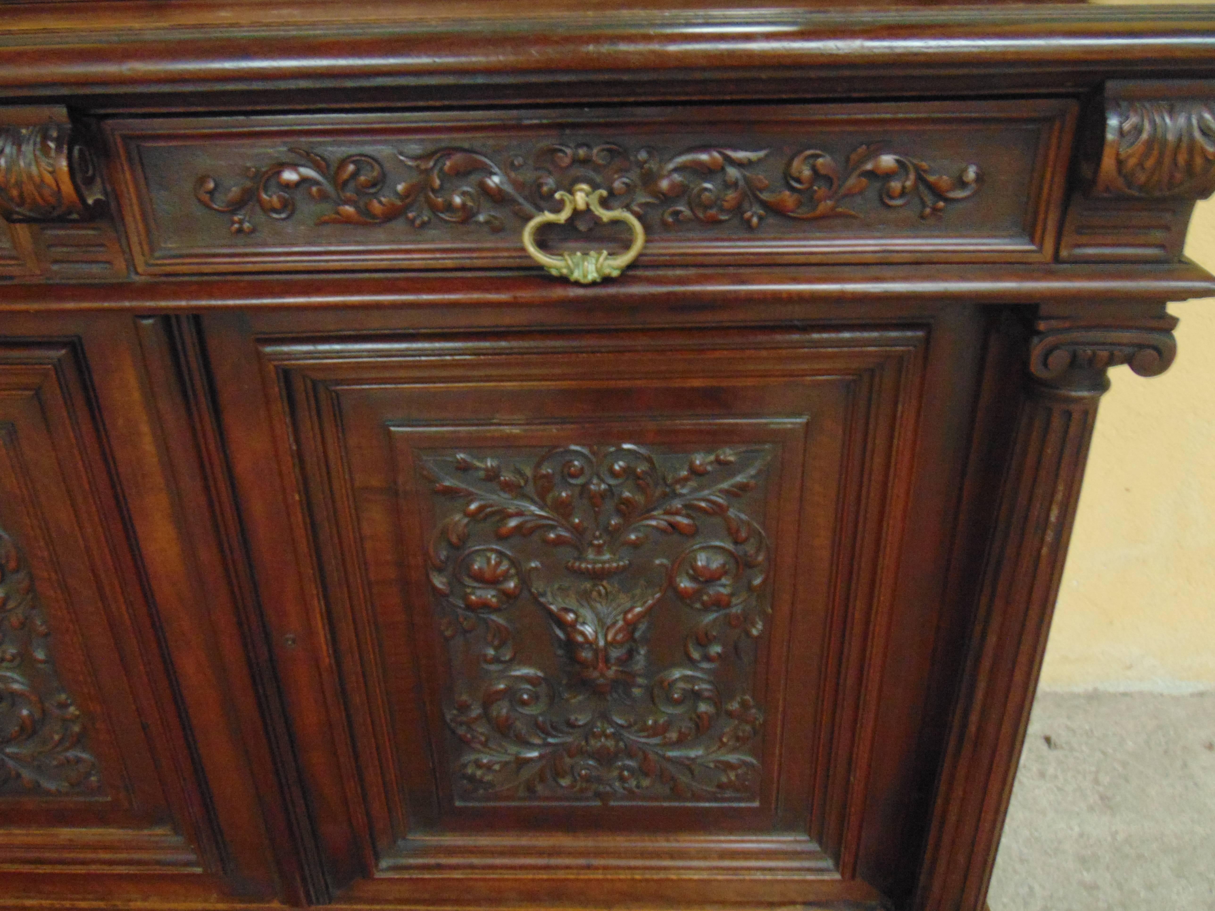 Walnut Bookcase hand carved , circa 1890 For Sale