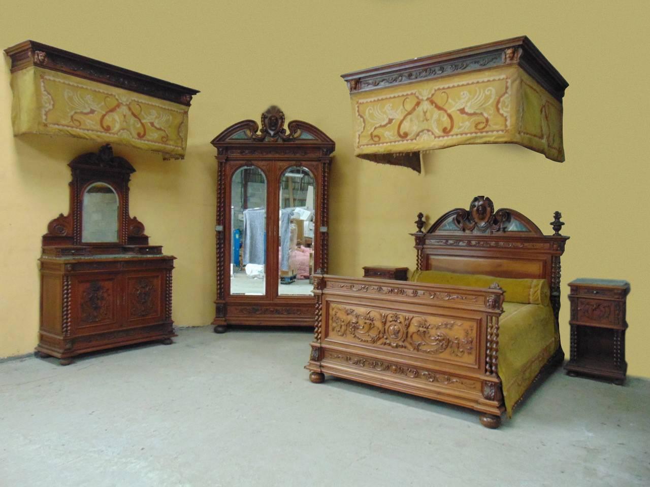 WE OFFER FREE WORLD WIDE DELIVERY ON THIS ITEM.
1900 Paris Exhibition seven-piece museum quality Renaissance Revival bedroom set, circa 1900.
This beautiful and unique bedroom set was made for the Paris Exhibition of 1900 where it was bought by the
