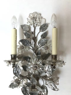 Maison Baguès Style Two-Arm Rock Crystal and Silvered Metal Sconces