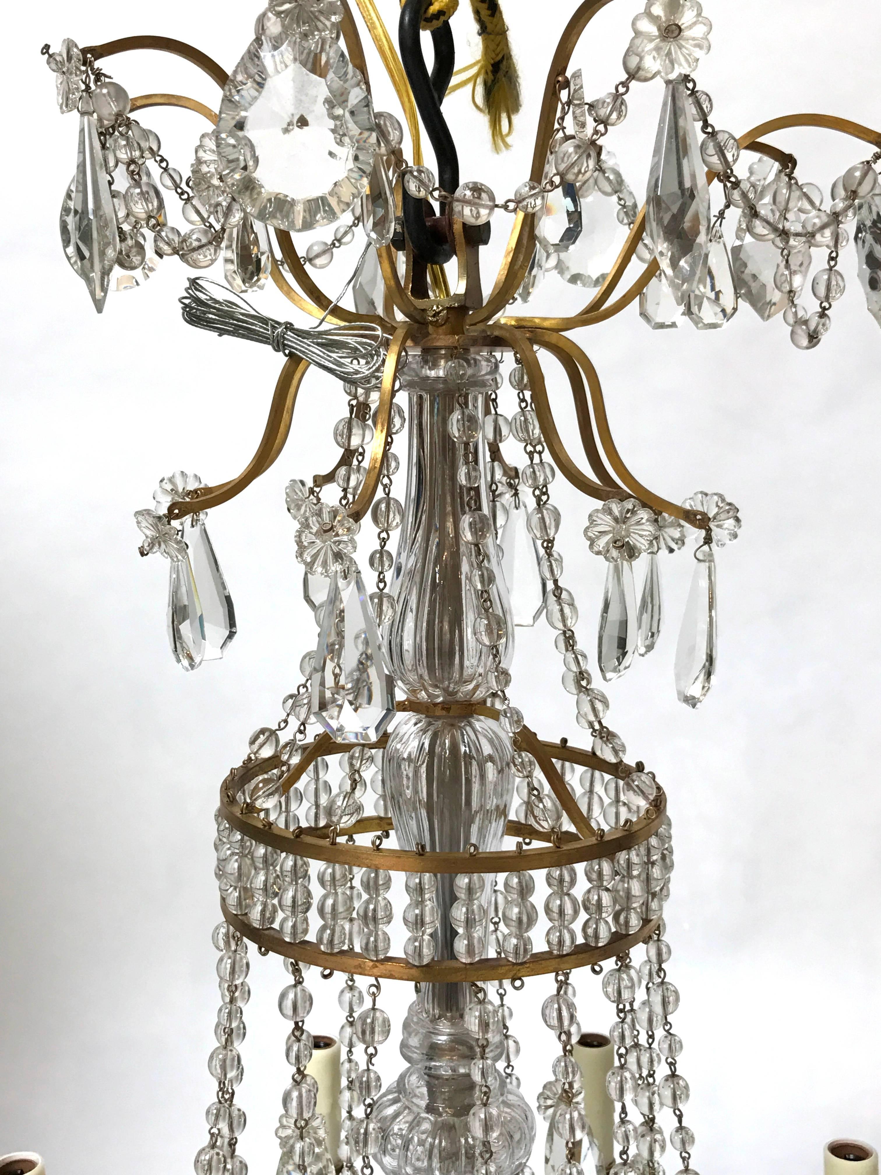Fine late 19th century French Napoleon III gilt bronze eight-arm tiered crystal chandelier in the classic form, UL wired with chain, canopy and wax sleeves.