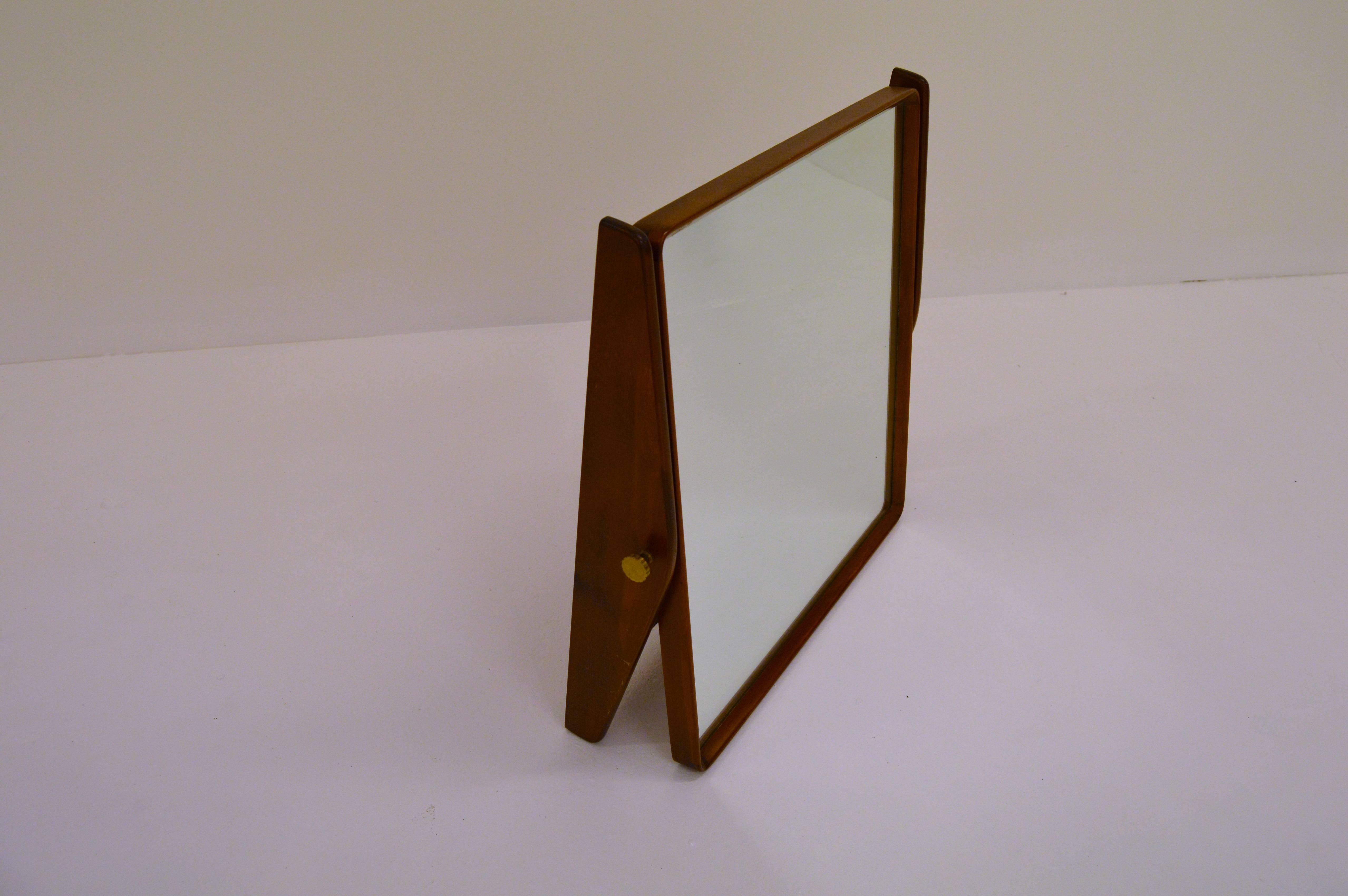 Scandinavian Modern Adjustable Vintage Mahogany Wall or Able Mirror with Brass Fittings For Sale