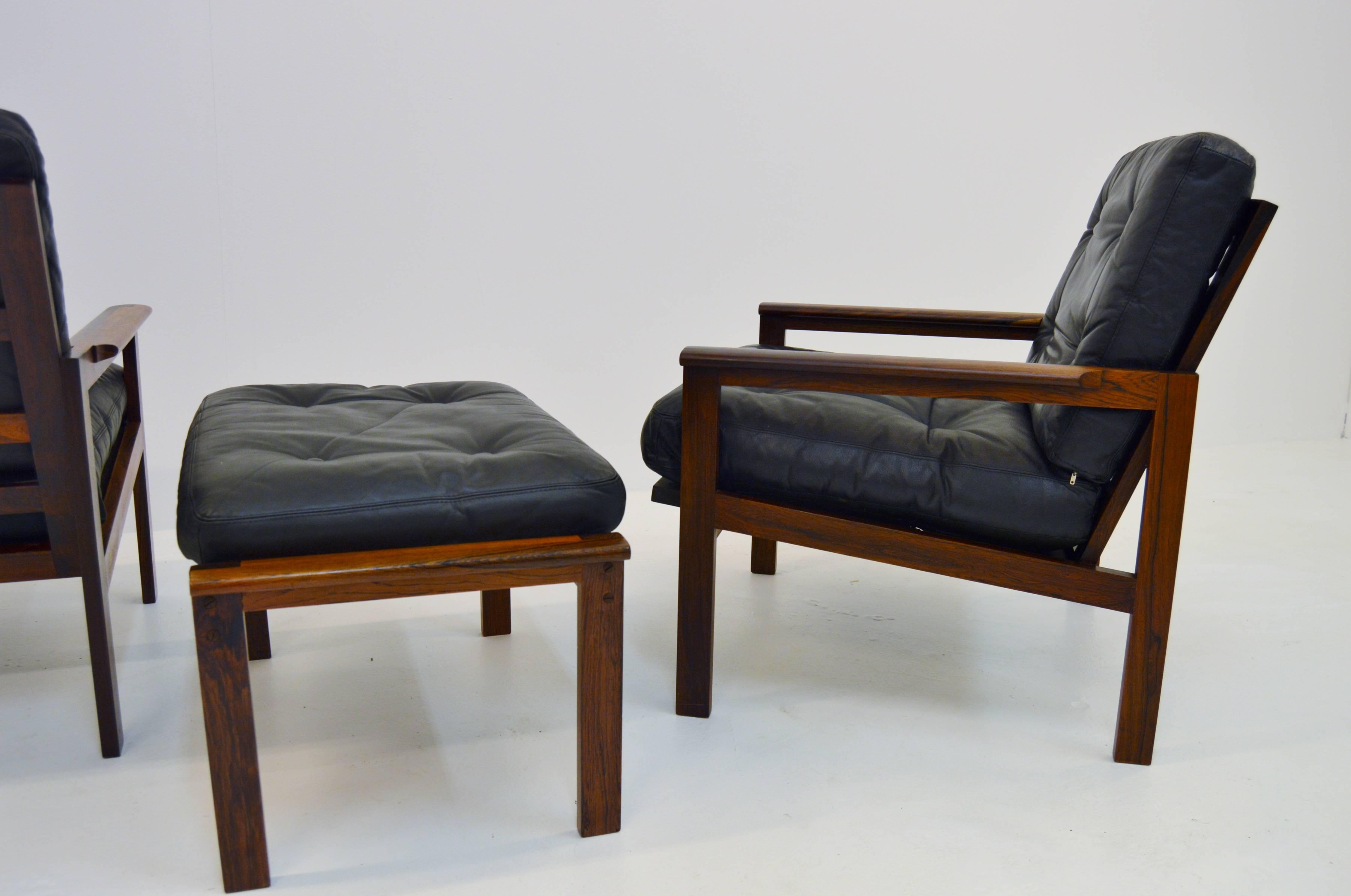 Pair of Illum Wikkelsø Capella Easy Chairs and Stool in Rosewood and Leather 1