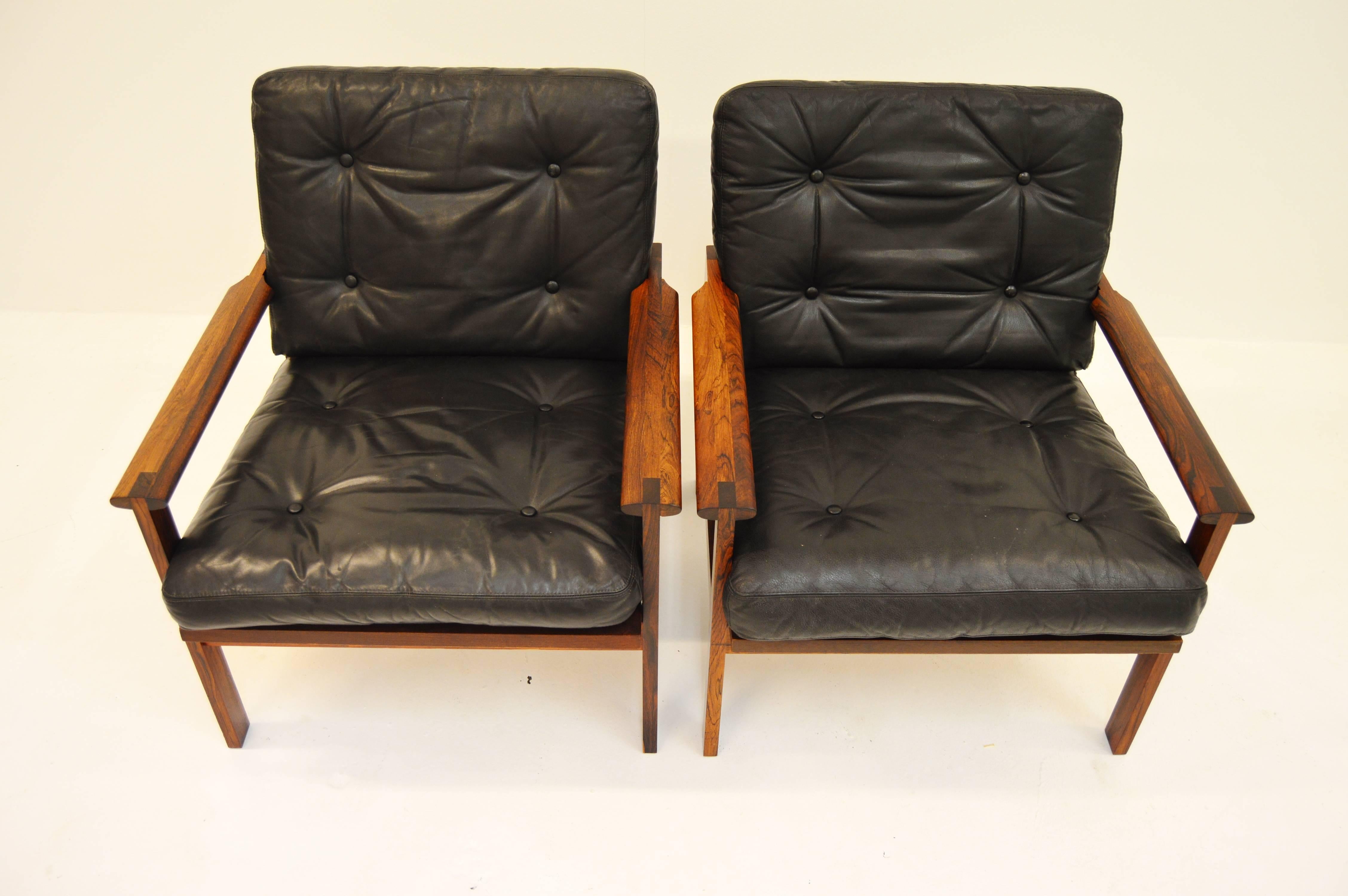 Danish Pair of Illum Wikkelsø Capella Easy Chairs and Stool in Rosewood and Leather