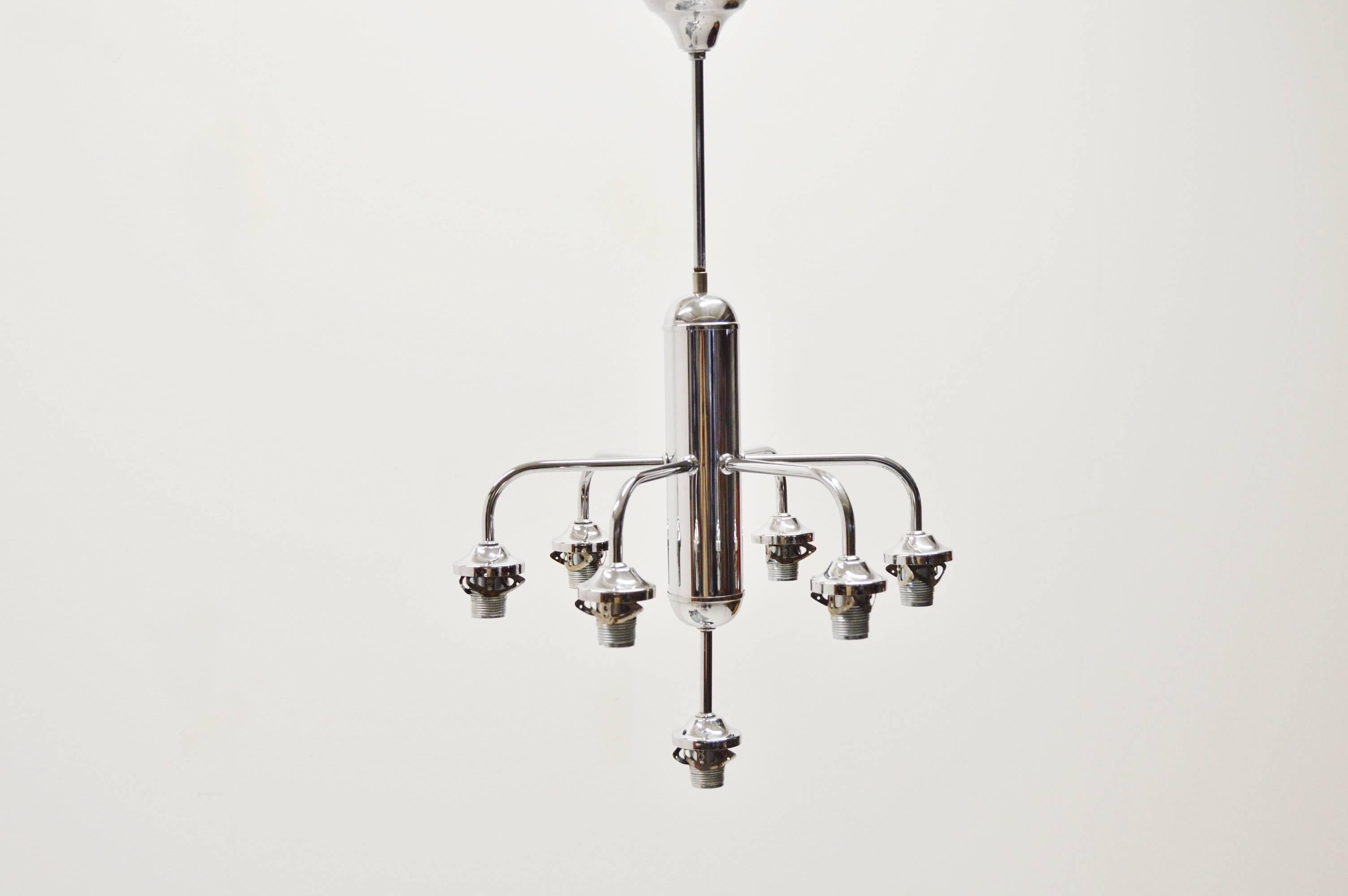 Metal Seven-Arm Art Deco Ceiling Lamp in Chrome and Glass