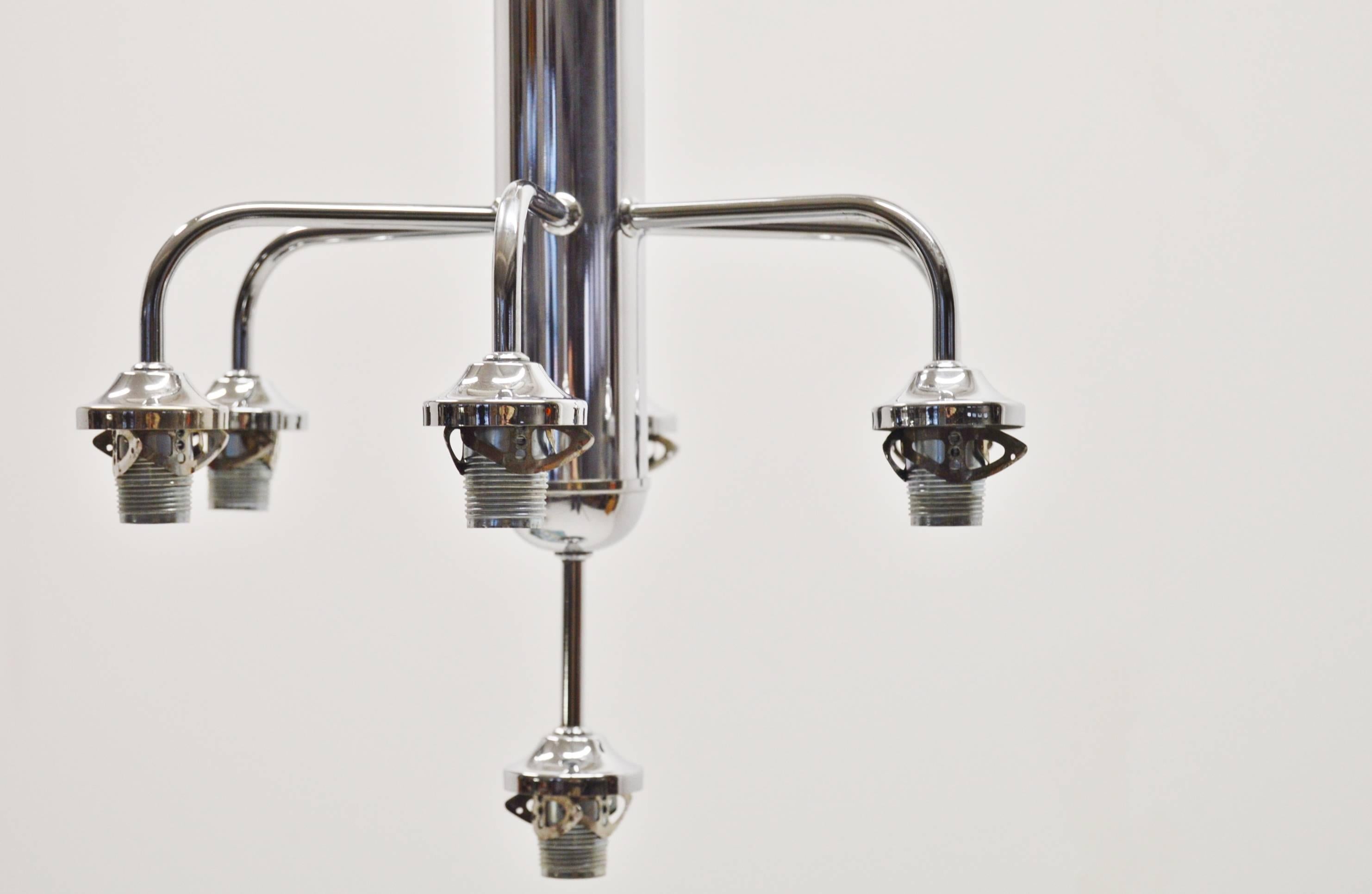 Seven-Arm Art Deco Ceiling Lamp in Chrome and Glass 1