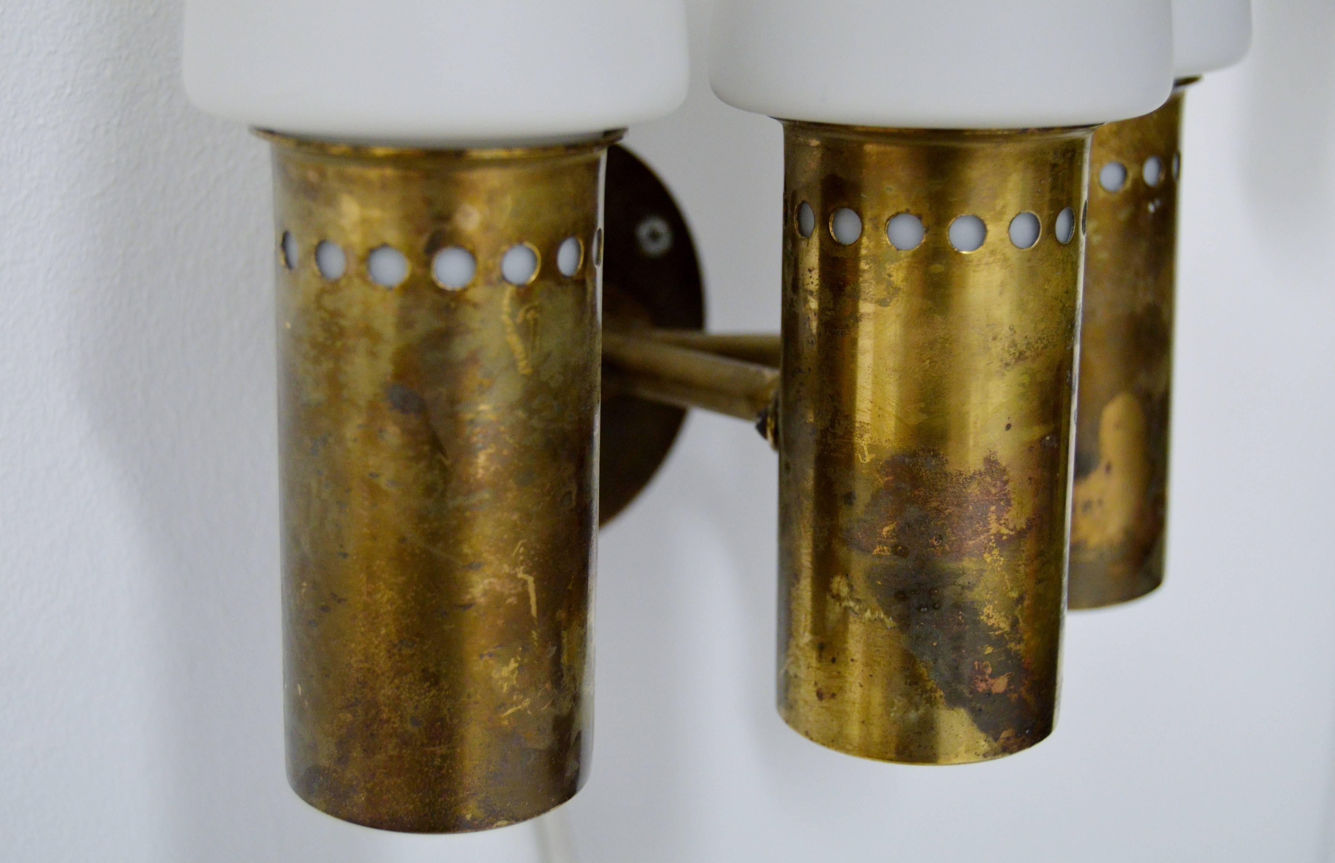 1950s Hans-Agne Jakobsson Brass and Opaline Glass Wall Scones Set of Two 1
